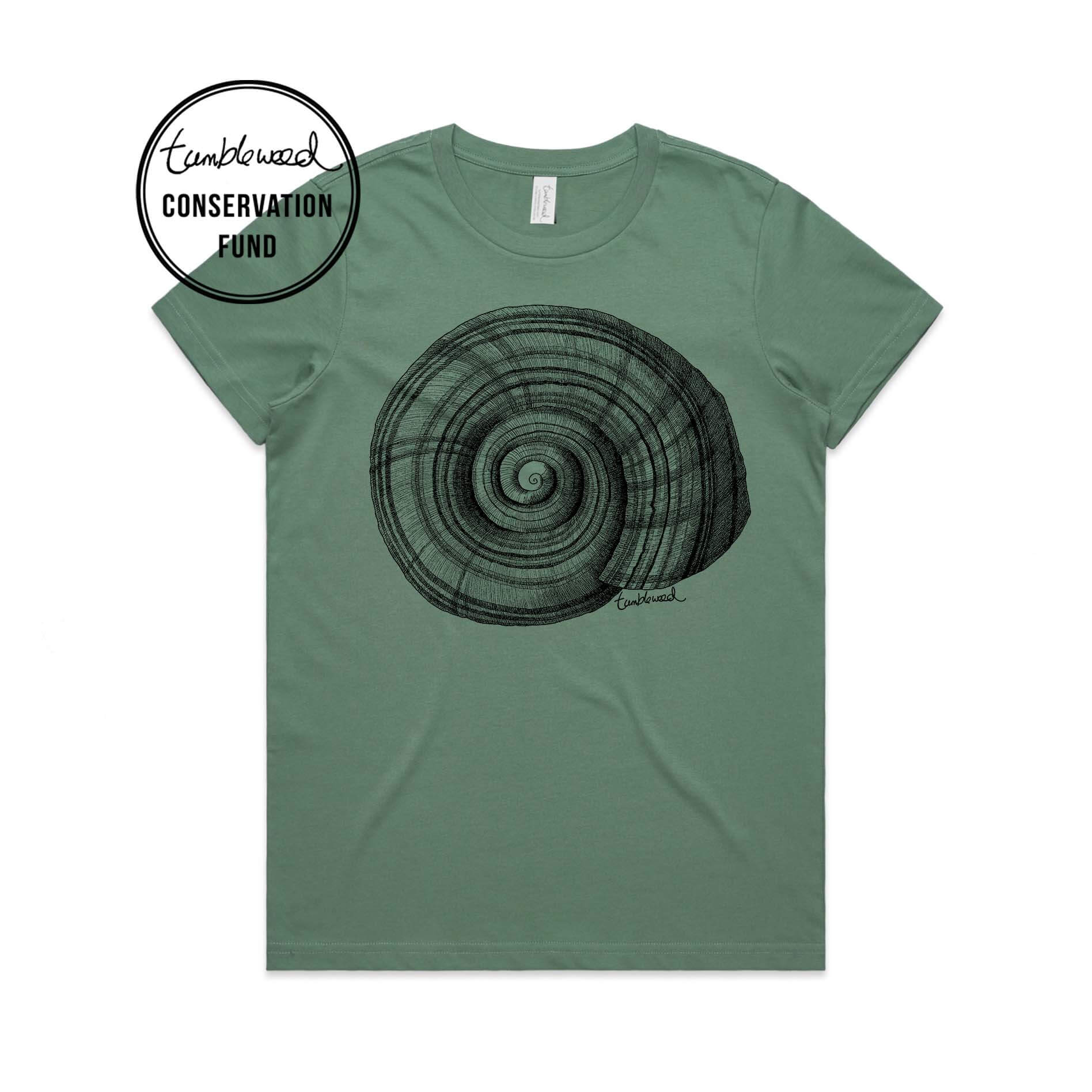 Sage, female t-shirt featuring a screen printed NZ Snail design.