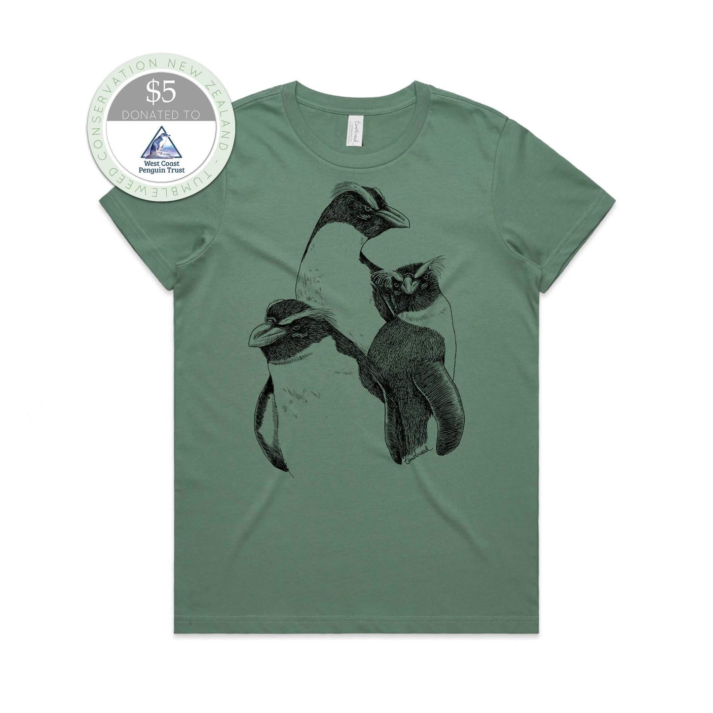 Sage, female t-shirt featuring a screen printed Fiordland Crested penguin/tawaki design.