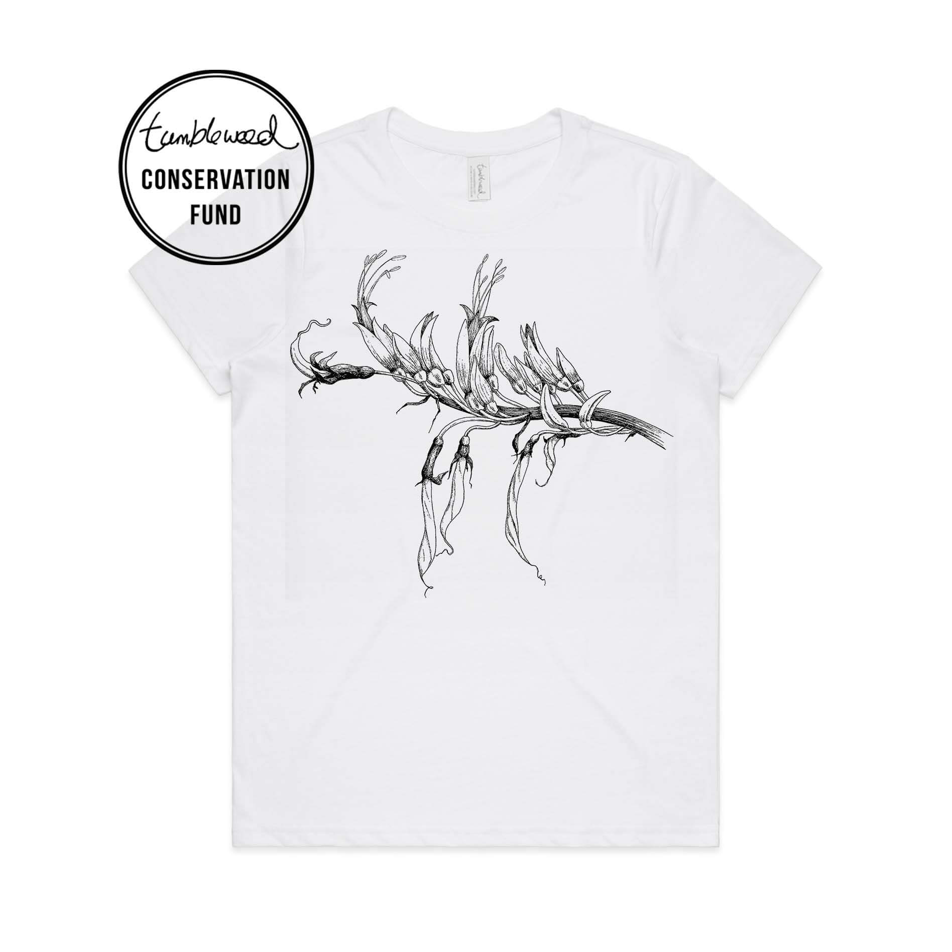 White, female t-shirt featuring a screen printed Mountain Flax design.