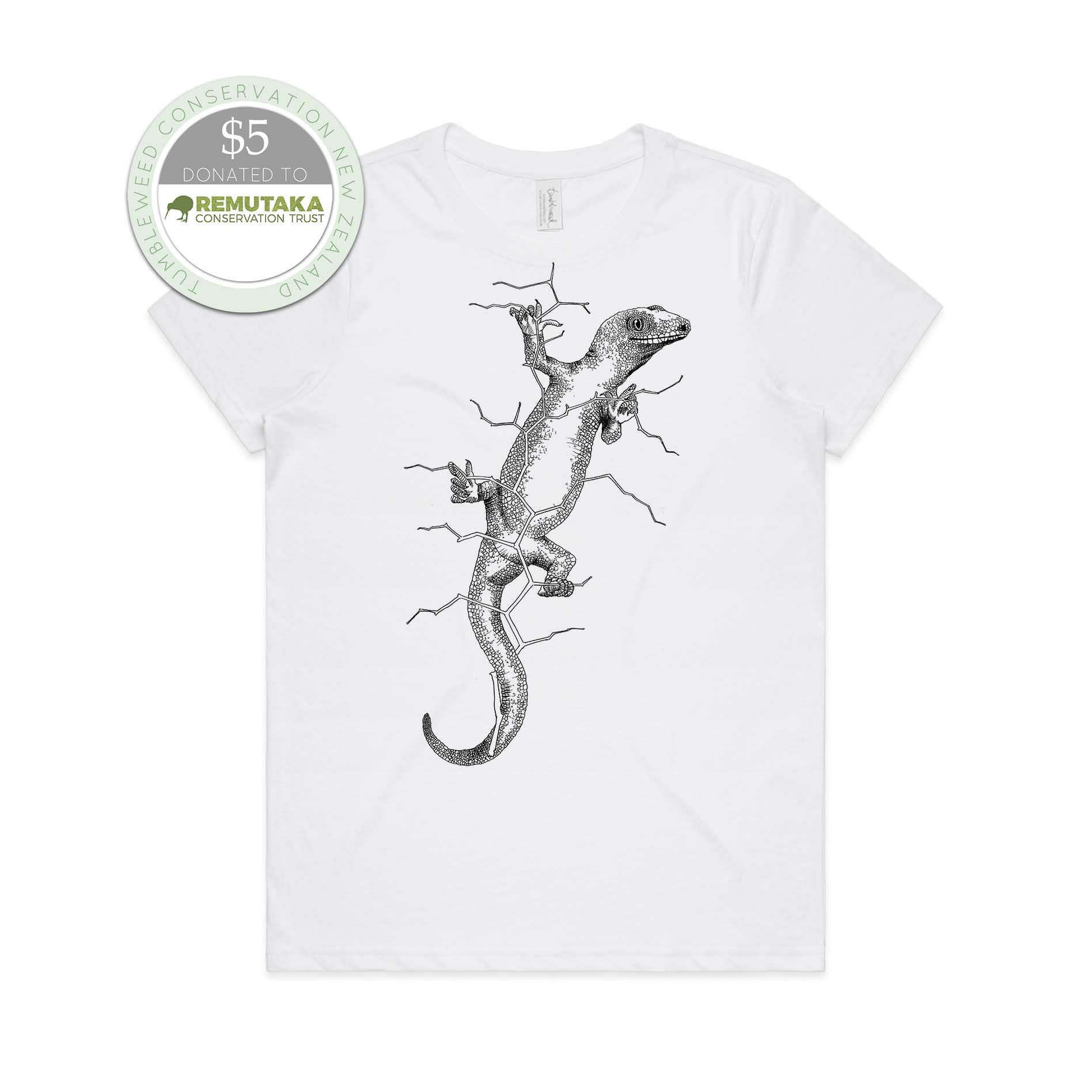 White, female t-shirt featuring a screen printed gecko design.