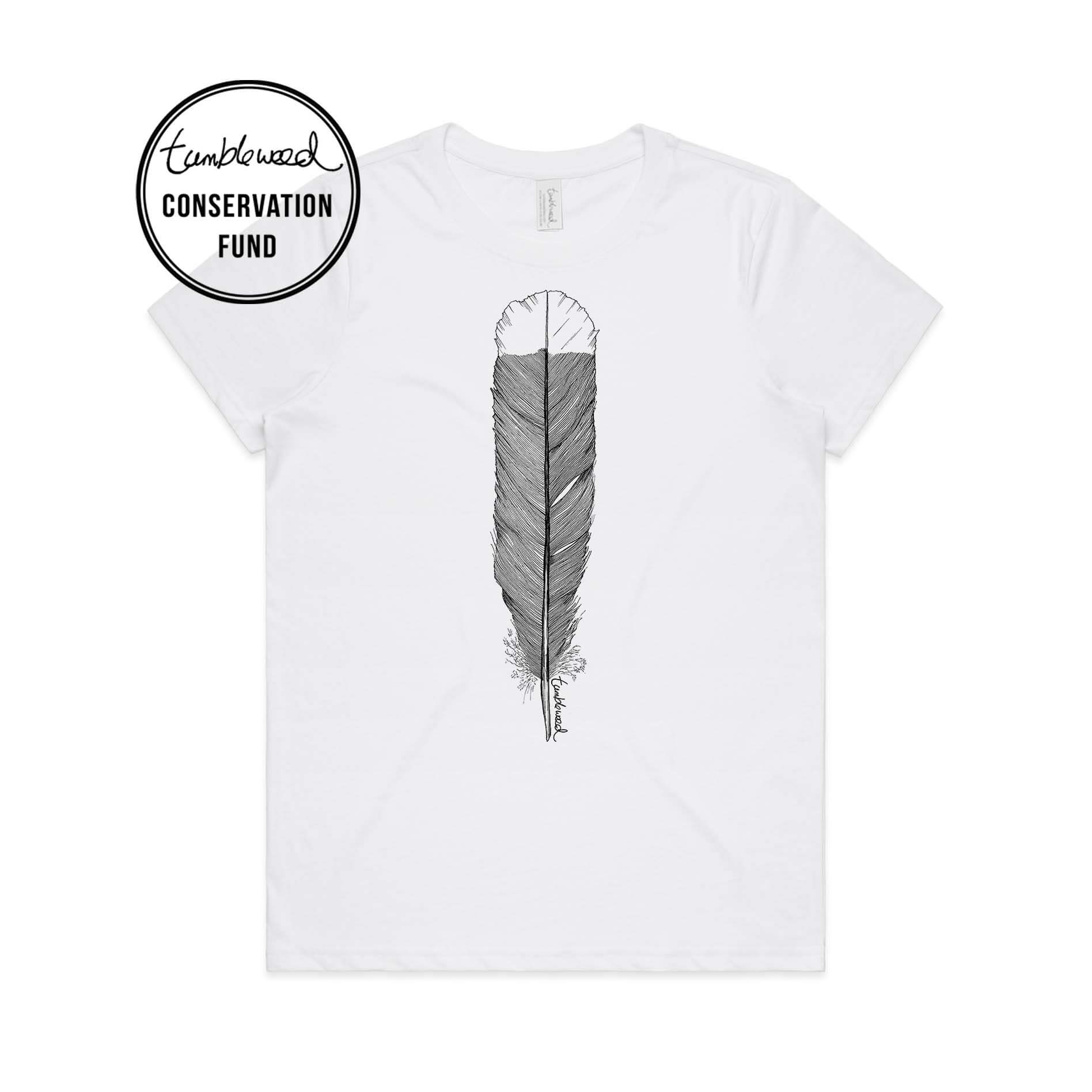 White, female t-shirt featuring a screen printed huia feather design.
