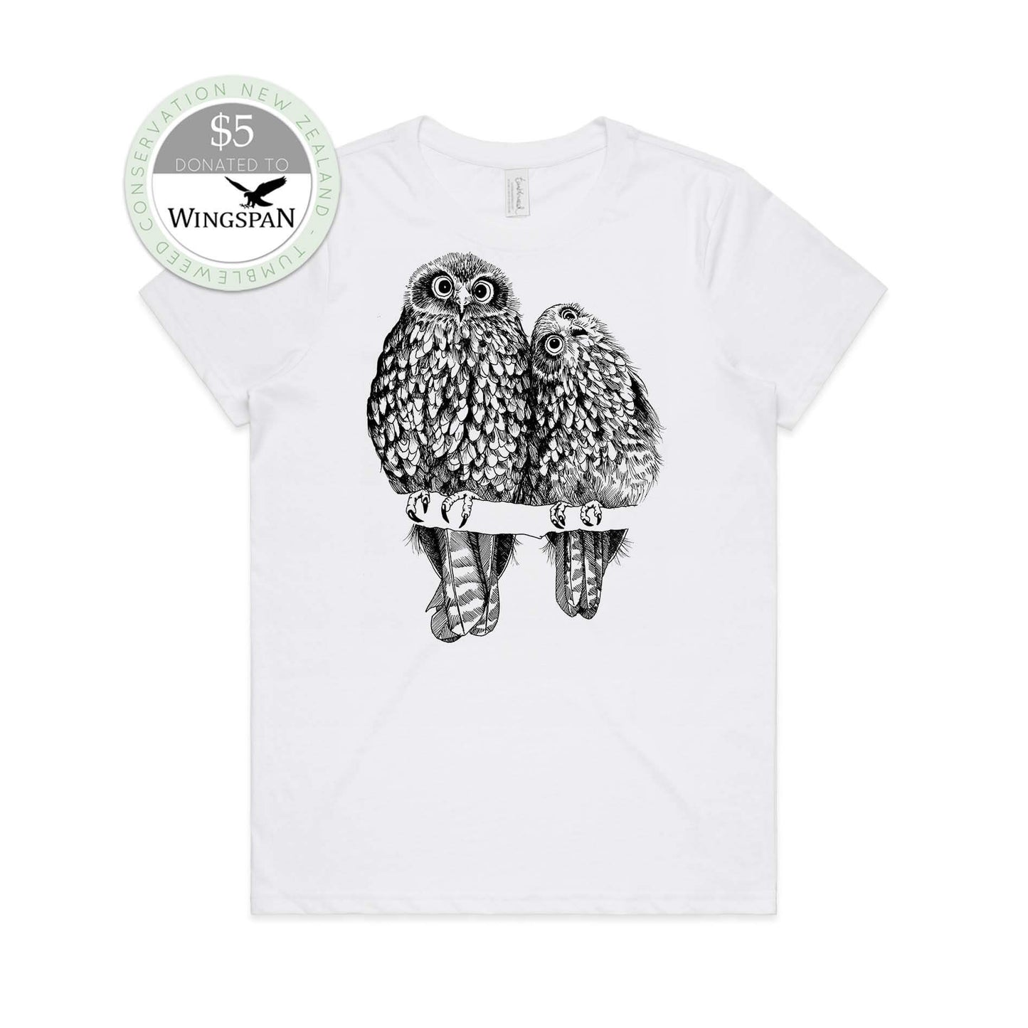 White, female t-shirt featuring a screen printed Morepork/Ruru design.