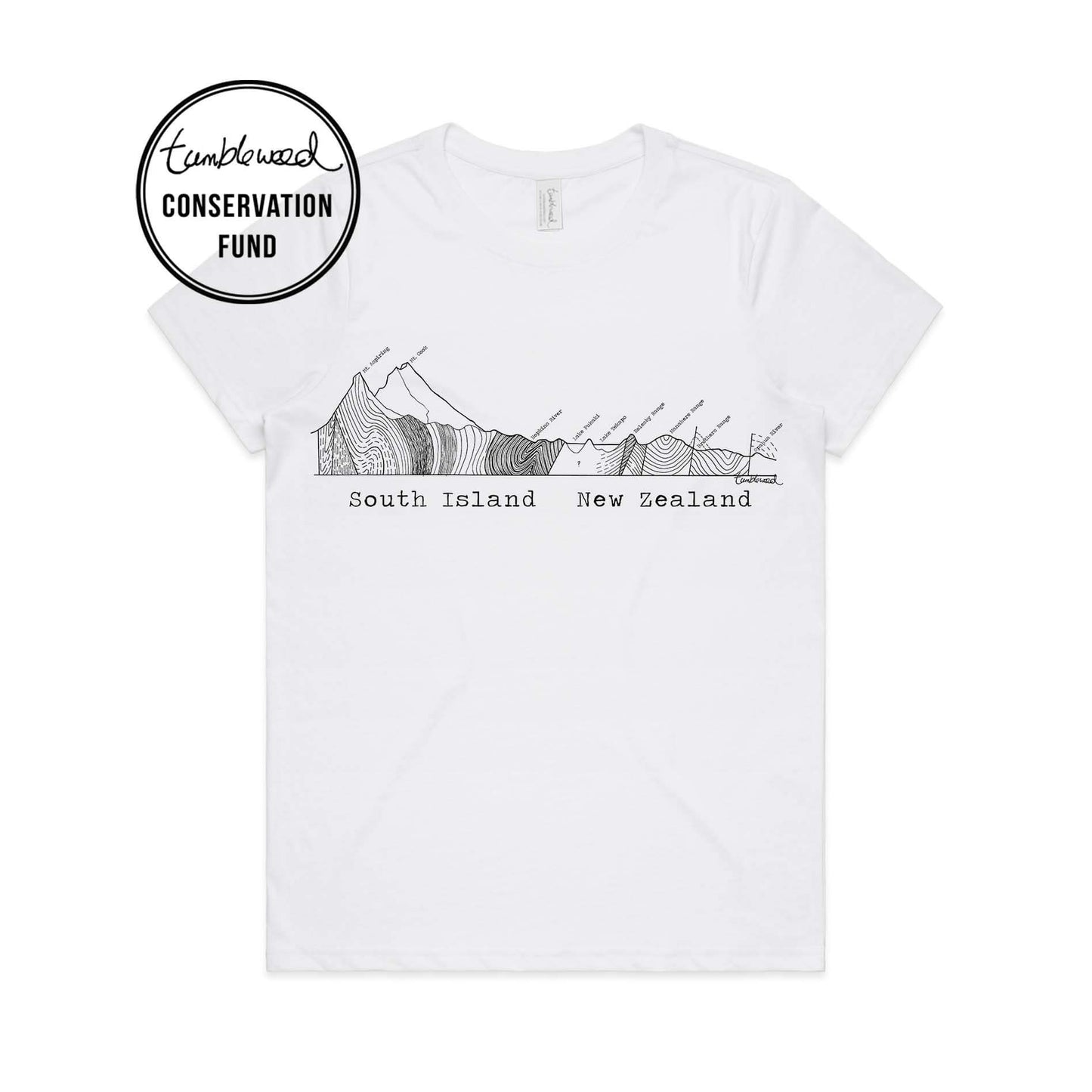 White, female t-shirt featuring a screen printed South Island Cross Section design.