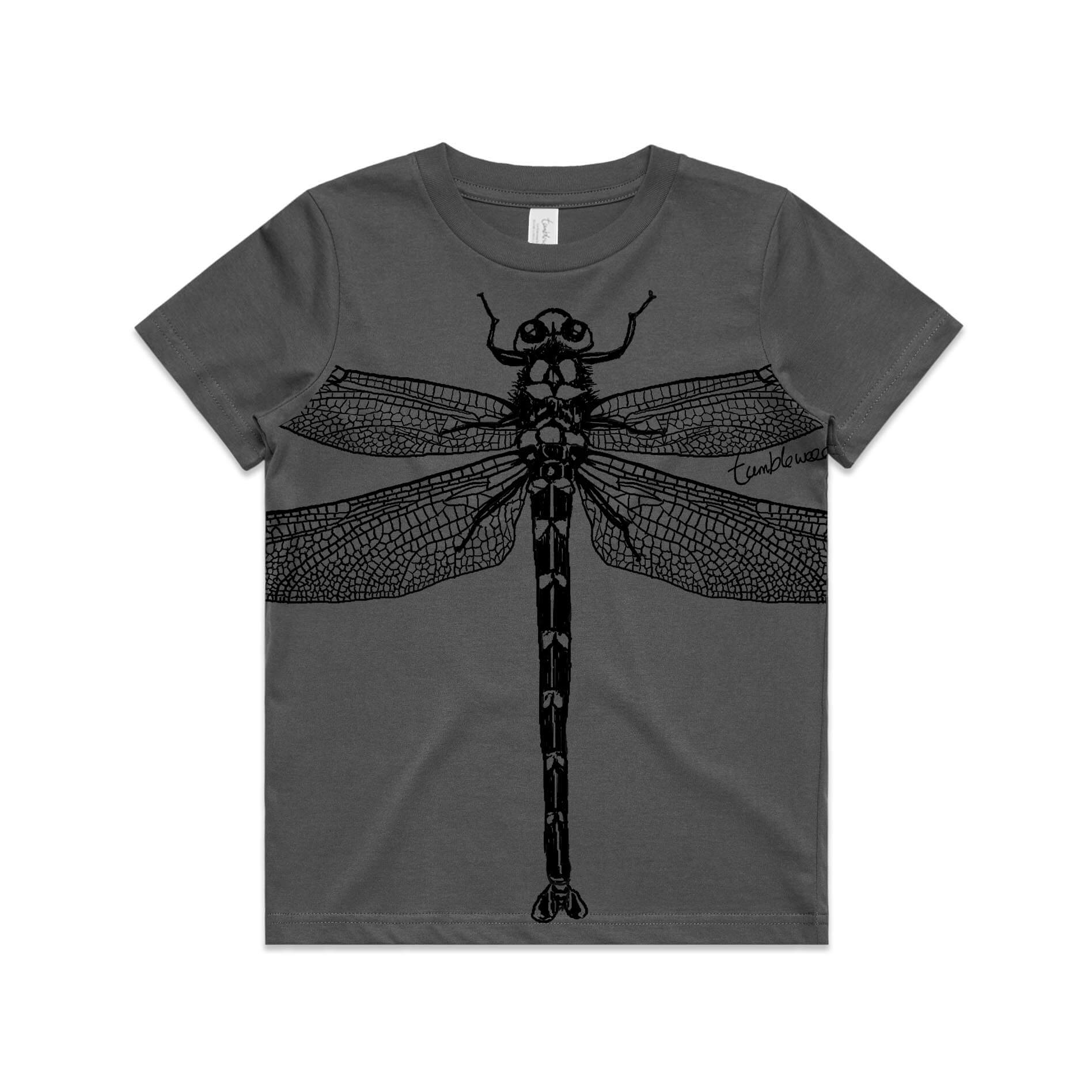 Charcoal, cotton kids' t-shirt with screen printed Kids dragonfly design.