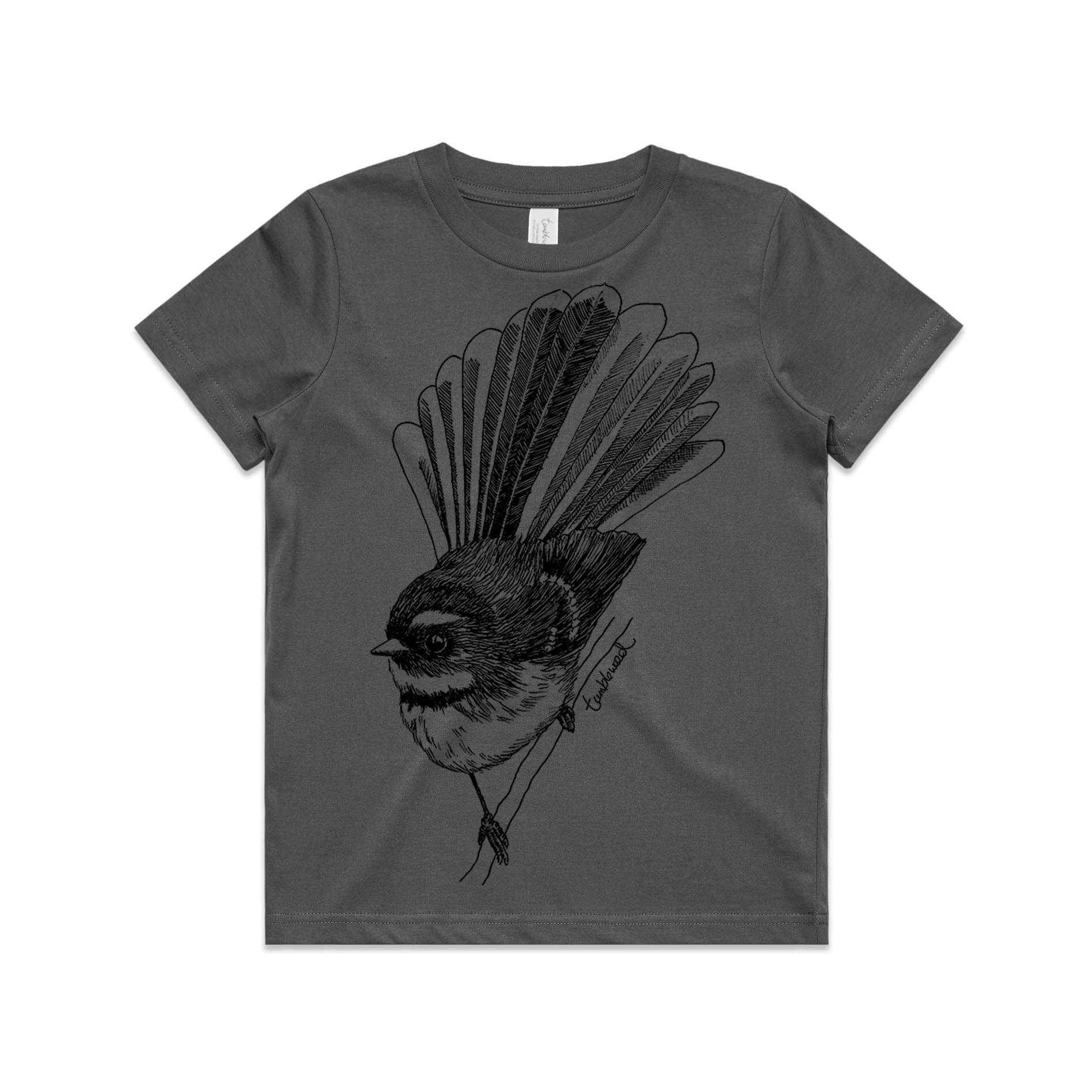 Charcoal, cotton kids' t-shirt with screen printed fantail/piwakawaka design.