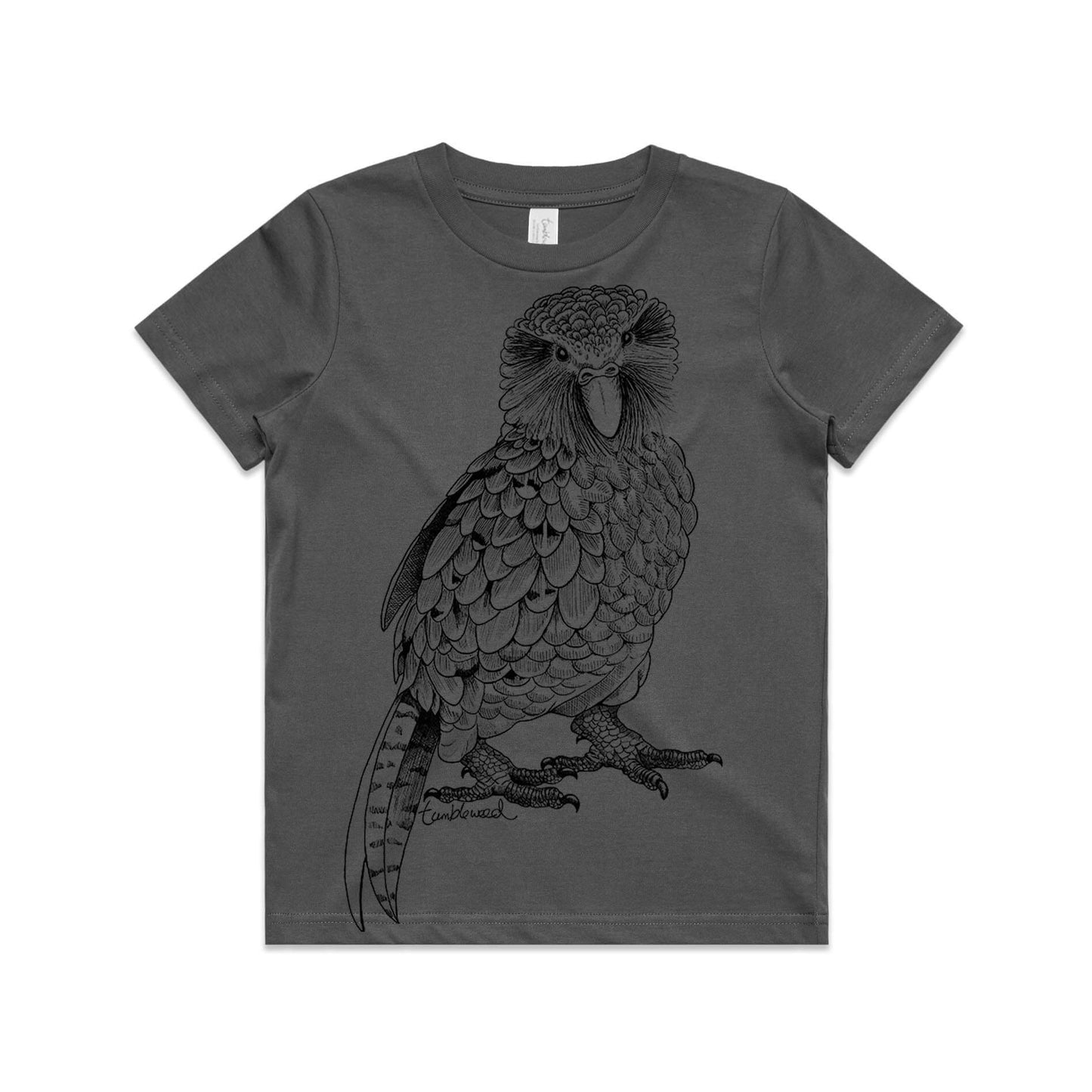 Charcoal, cotton kids' t-shirt with screen printed Kids Kākāpō design.