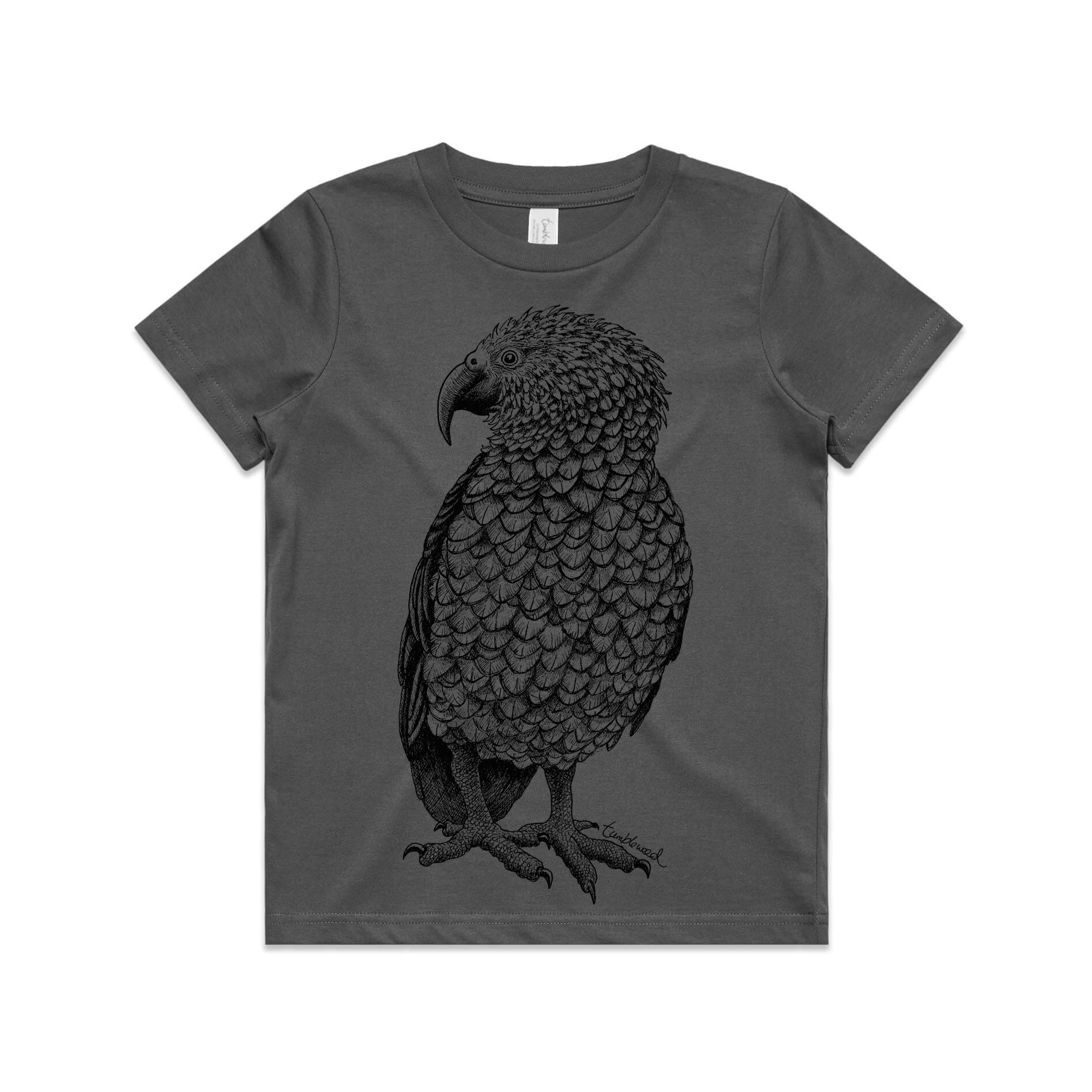 Charcoal, cotton kids' t-shirt with screen printed Kids kea design.