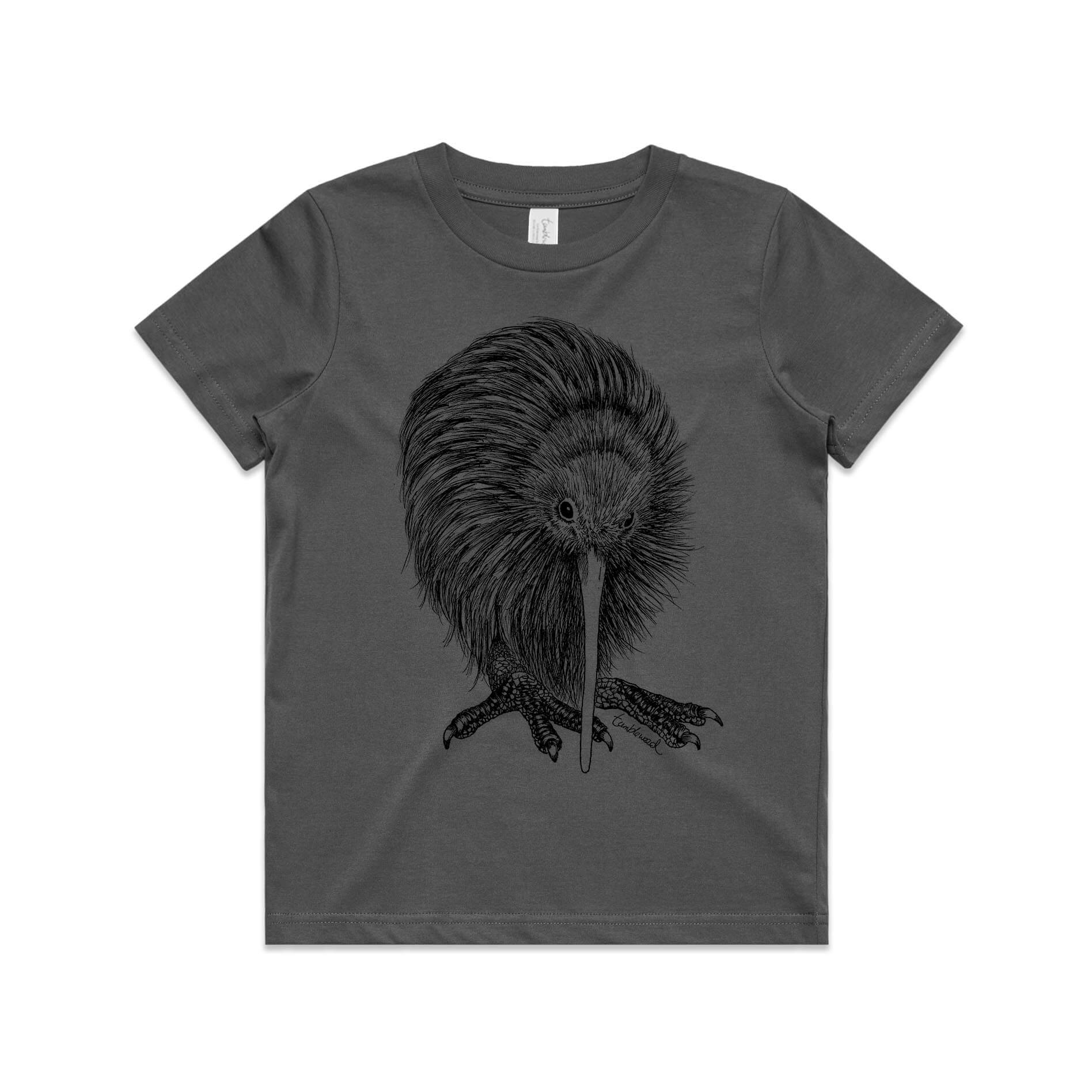 Charcoal, cotton kids' t-shirt with screen printed Kids kiwi design.