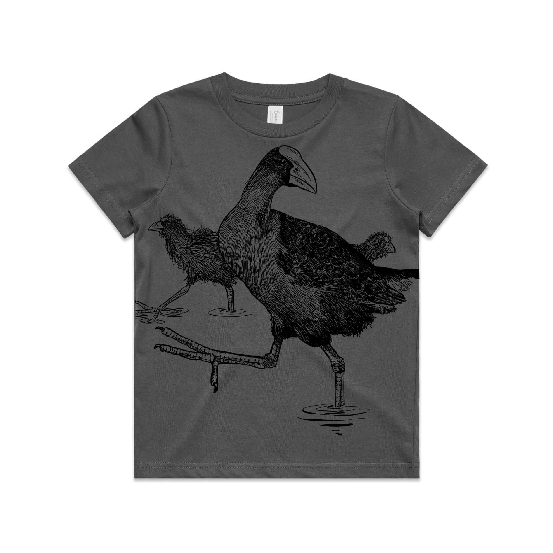 Charcoal, cotton kids' t-shirt with screen printed pūkeko design.