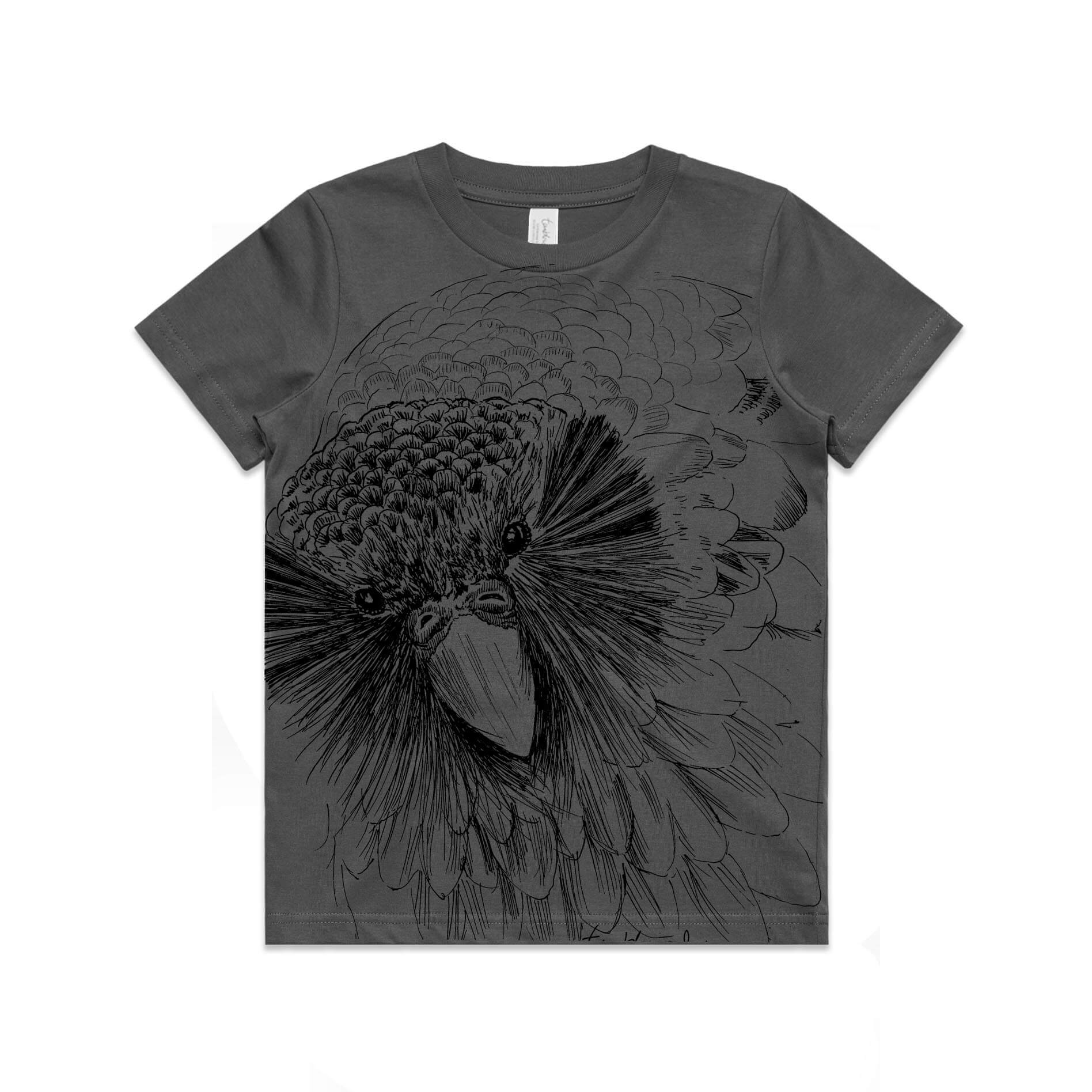 Charcoal, cotton kids' t-shirt with screen printed Sirocco the Kakapo design.