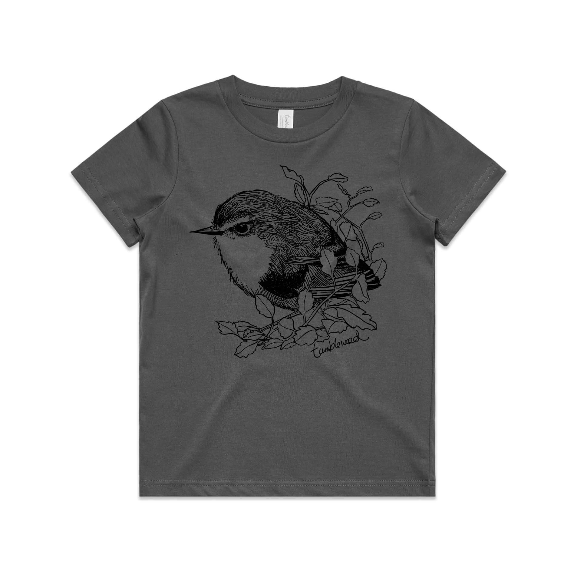 Charcoal, cotton kids' t-shirt with screen printed titipounamu/rifleman design.