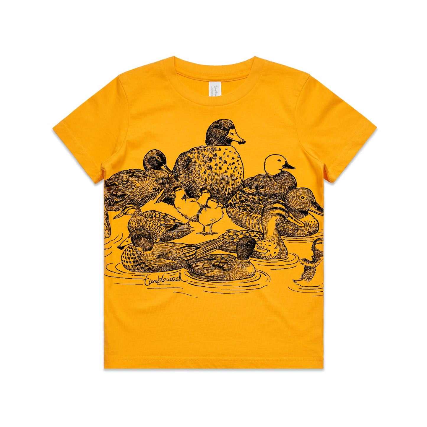 Gold, cotton kids' t-shirt with screen printed ducks design.