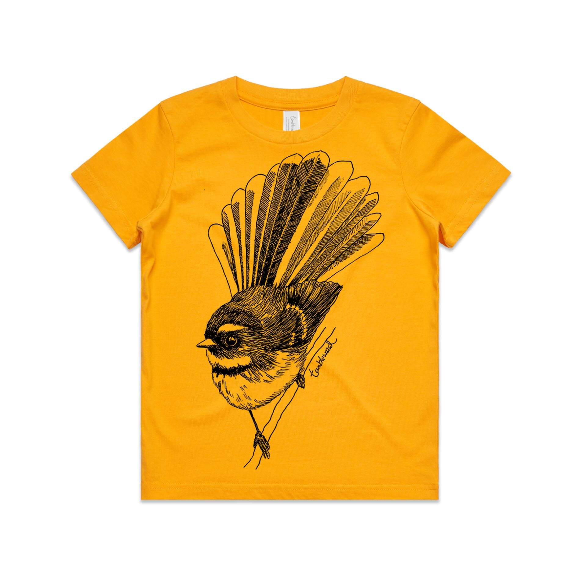 Gold, cotton kids' t-shirt with screen printed fantail/piwakawaka design.