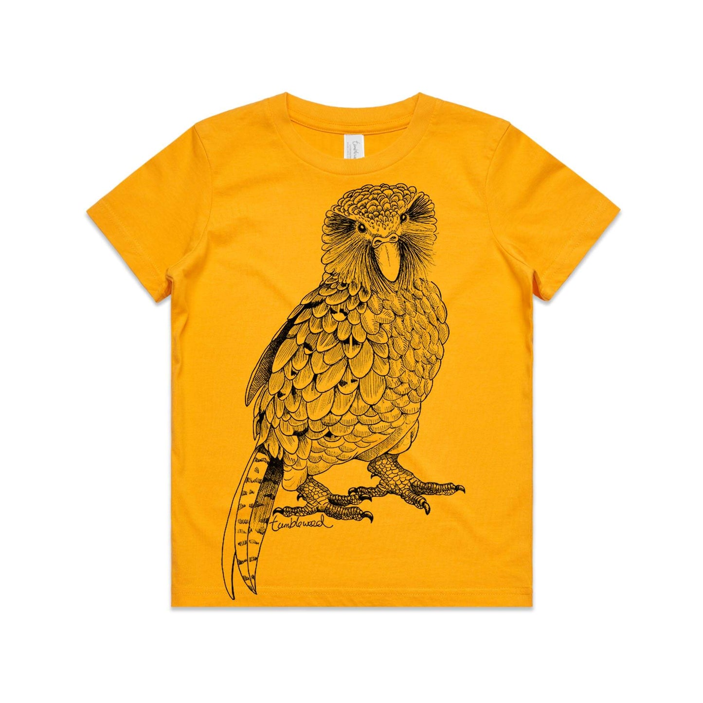 Gold, cotton kids' t-shirt with screen printed Kids Kākāpō design.