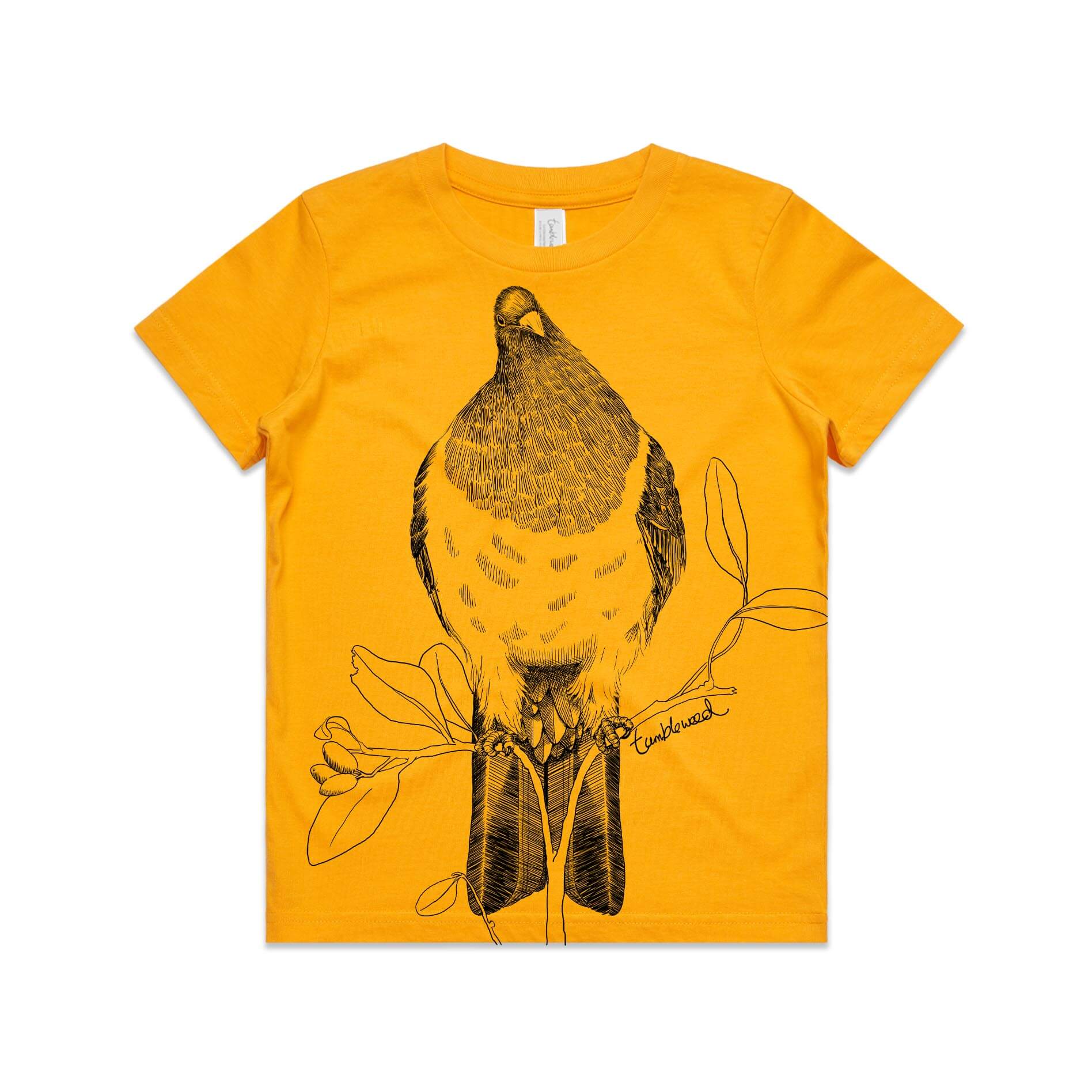 Gold, cotton kids' t-shirt with screen printed kererū design.