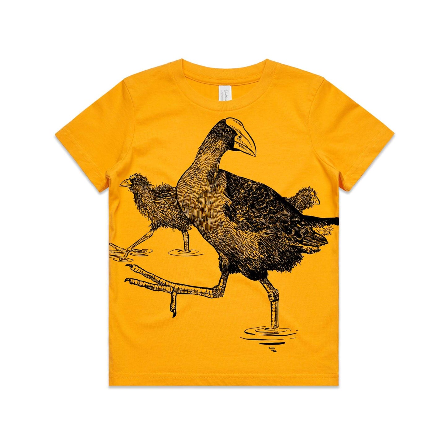 Gold, cotton kids' t-shirt with screen printed pūkeko design.