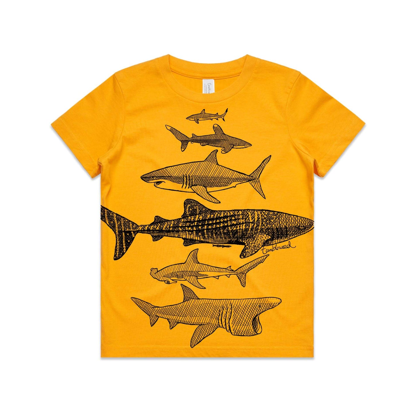 Gold, cotton kids' t-shirt with screen printed Kids shark design.