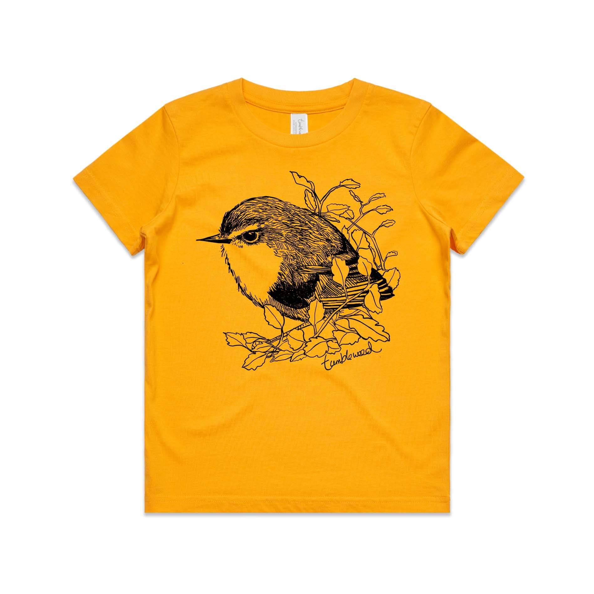 Gold, cotton kids' t-shirt with screen printed titipounamu/rifleman design.
