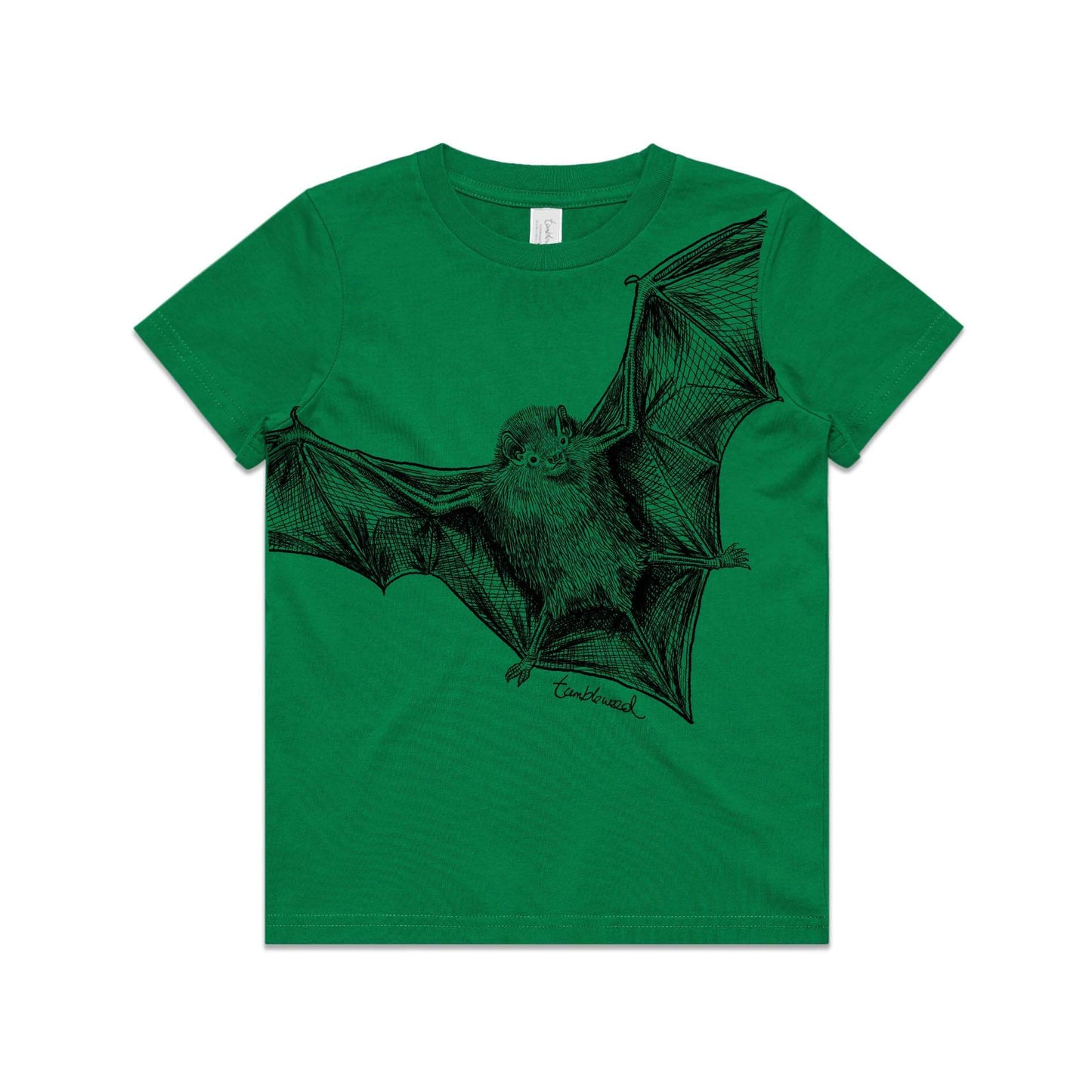 Green, cotton kids' t-shirt with screen printed Kids bat design.