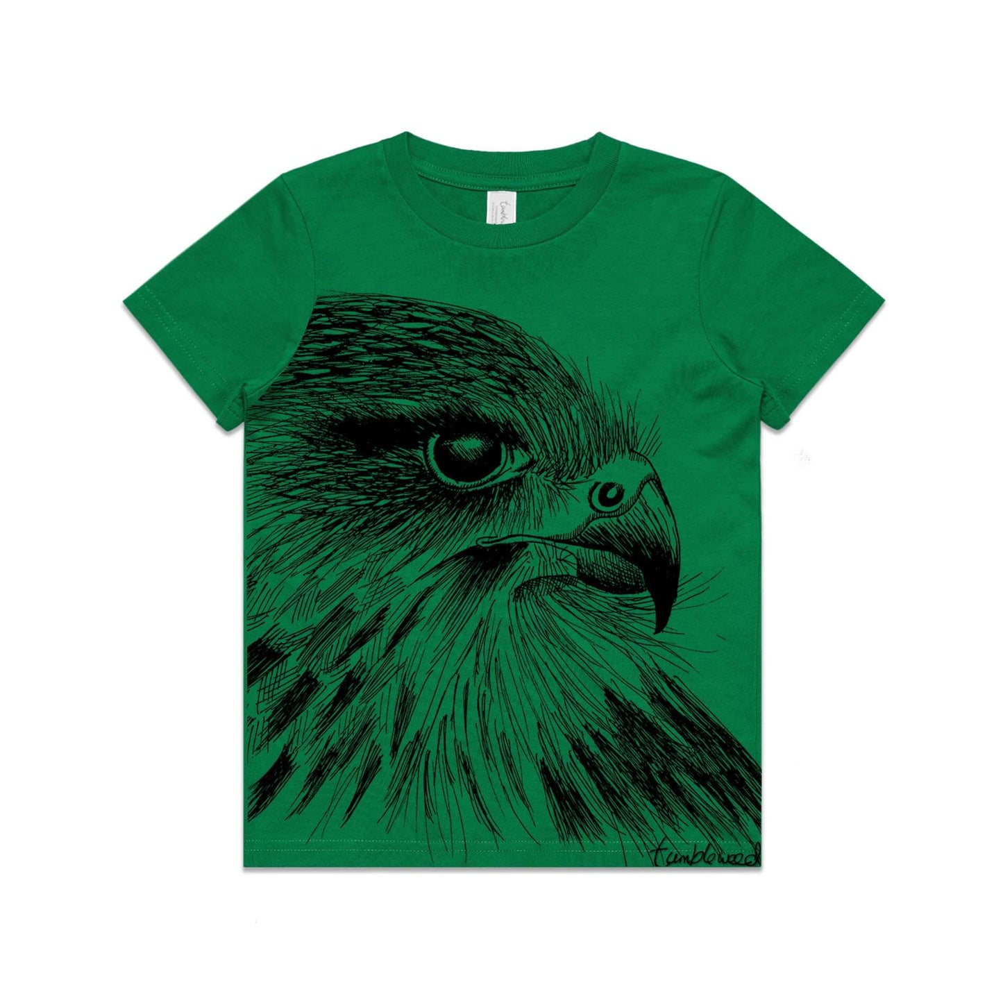 Green, cotton kids' t-shirt with screen printed Kids Karearea/NZ Falcon design.