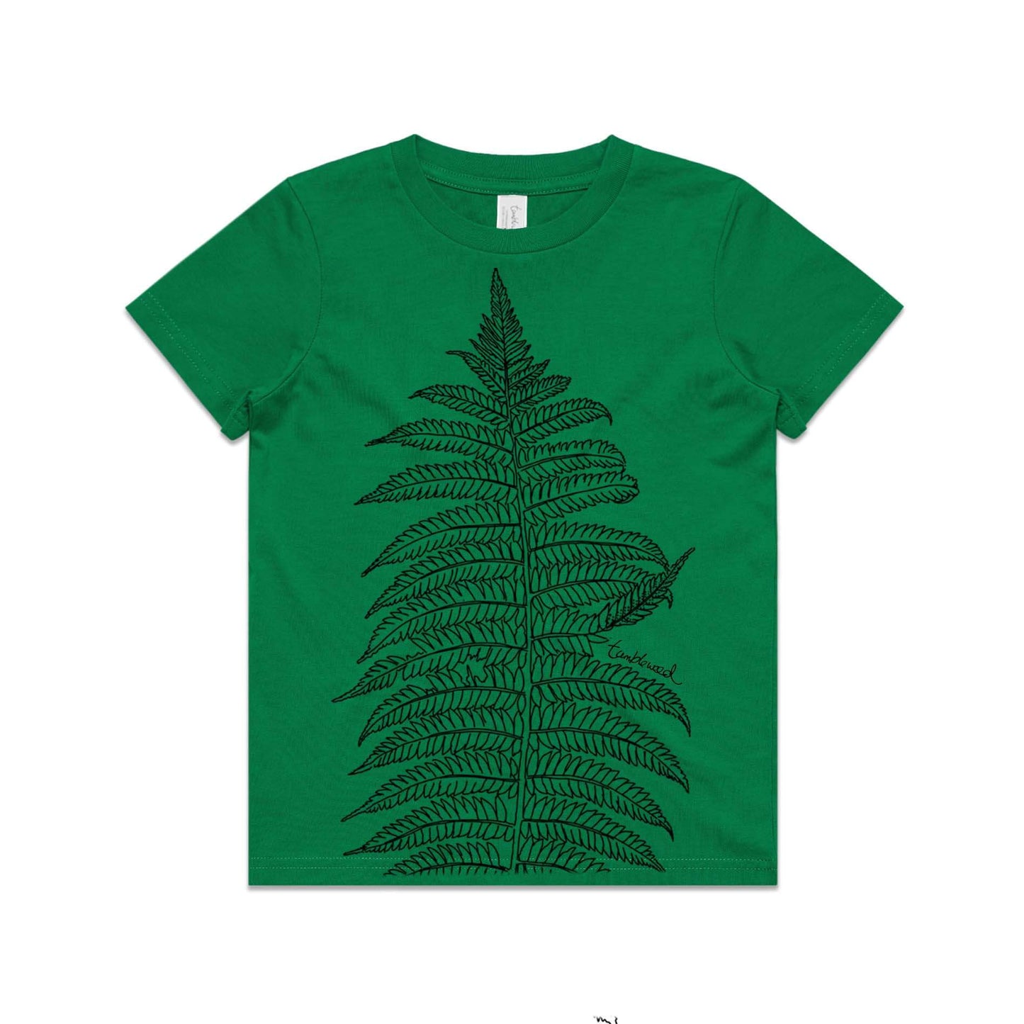 Green, cotton kids' t-shirt with screen printed Silver fern/ponga design.