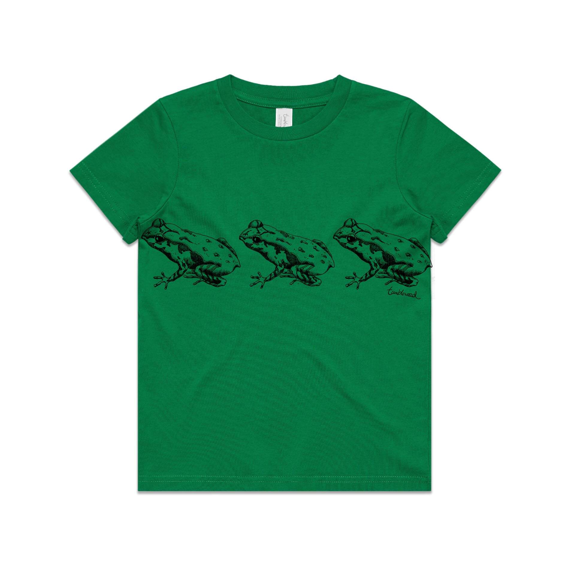 Green, cotton kids' t-shirt with screen printed Kids Archey's Frog design.