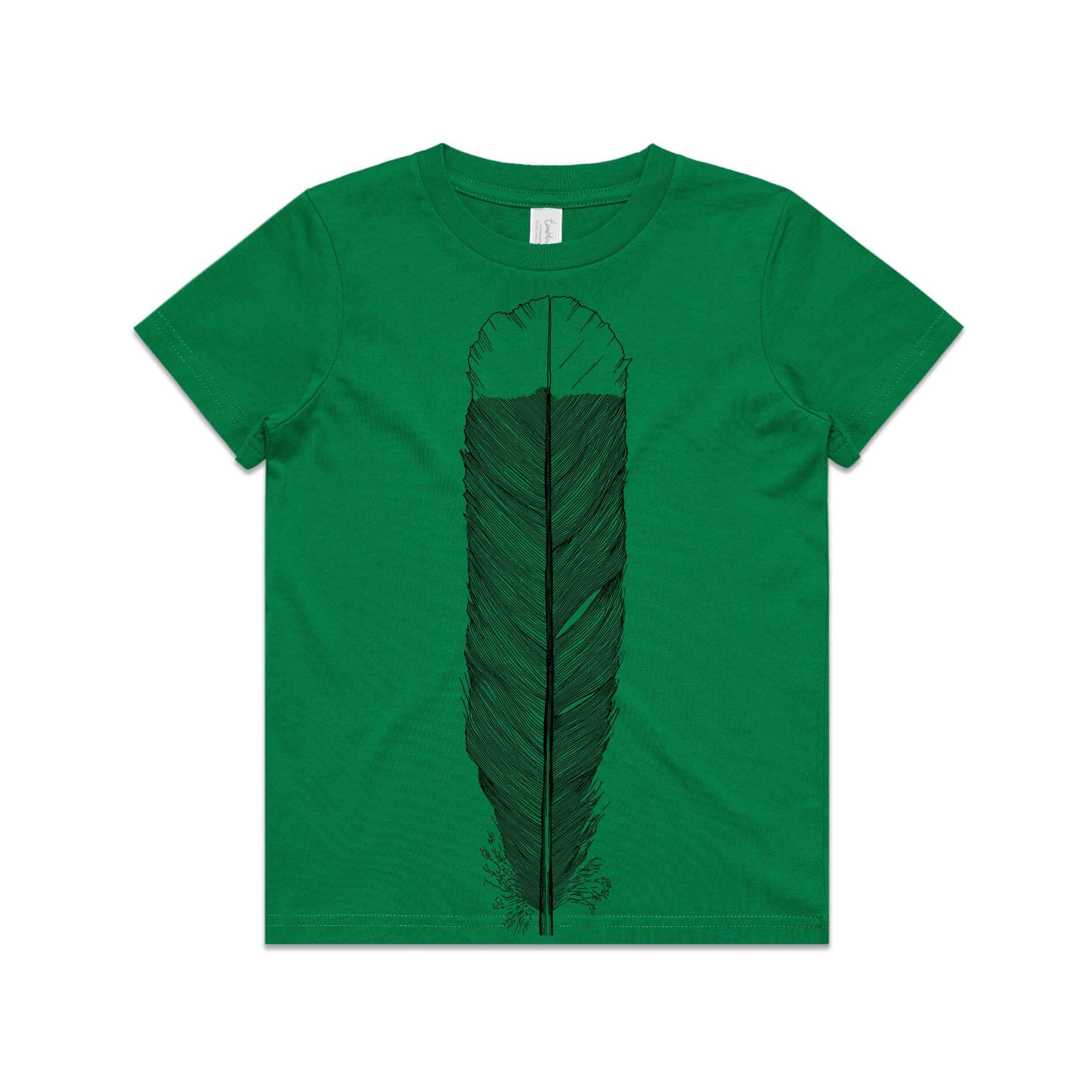 Green, cotton kids' t-shirt with screen printed Kids huia feather design.