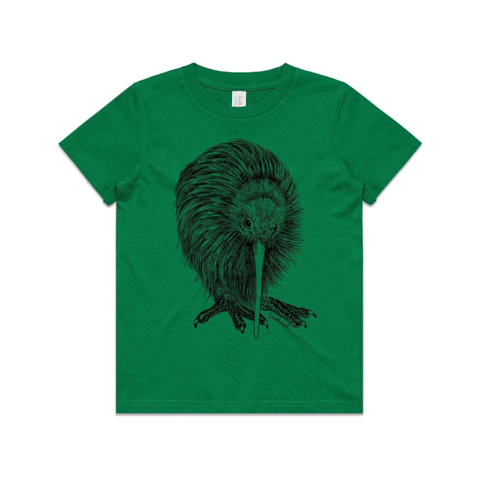 Green, cotton kids' t-shirt with screen printed Kids kiwi design.