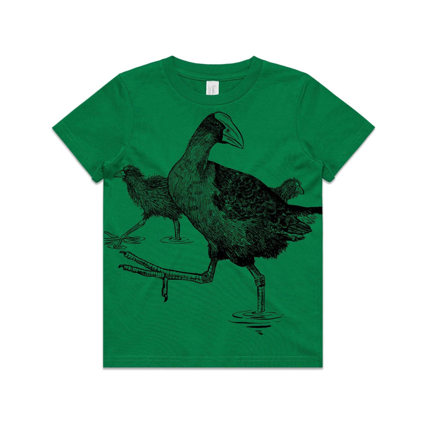 Green, cotton kids' t-shirt with screen printed pūkeko design.