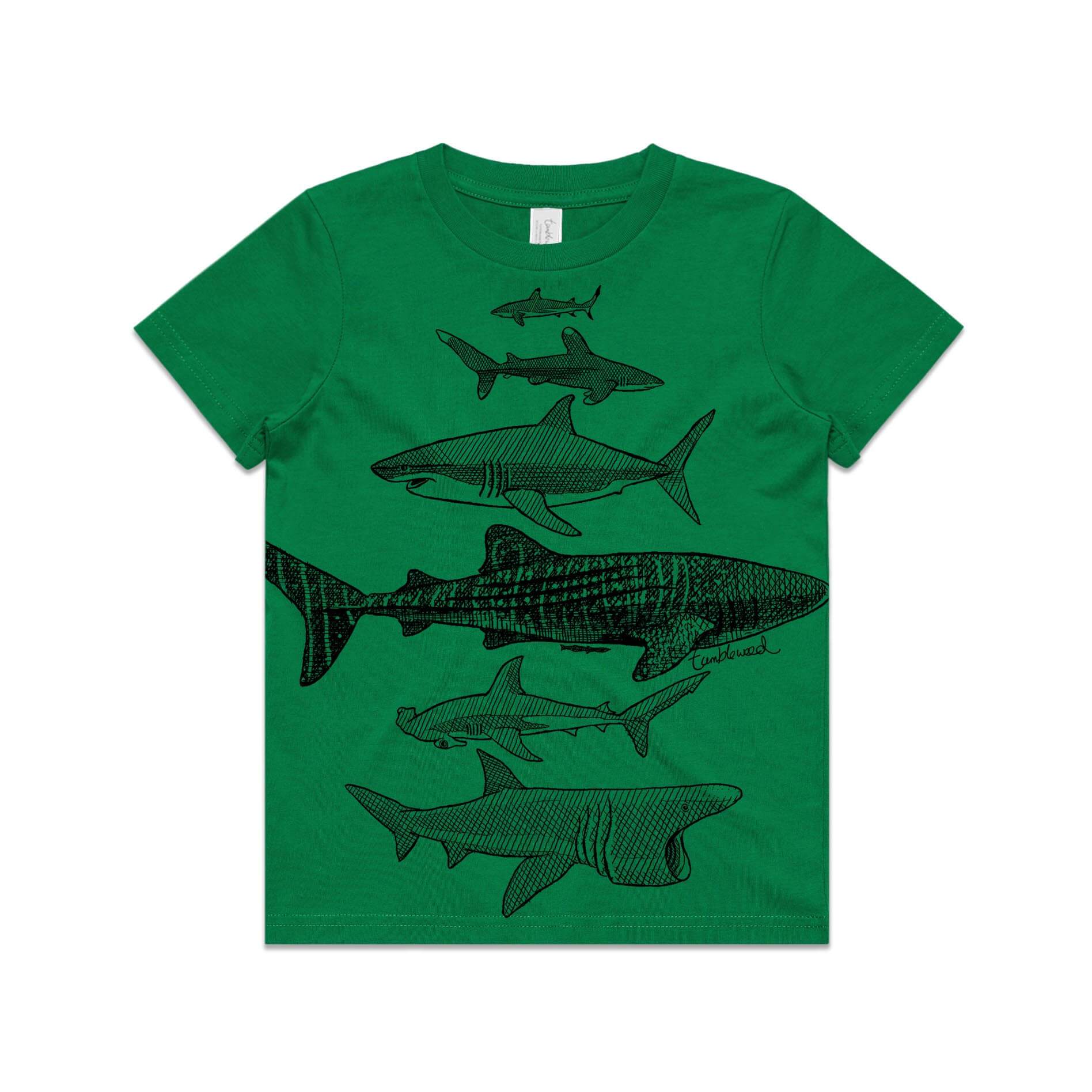 Green, cotton kids' t-shirt with screen printed Kids shark design.
