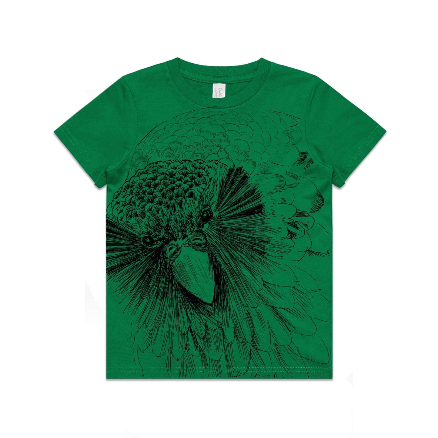 Green, cotton kids' t-shirt with screen printed Sirocco the Kakapo design.