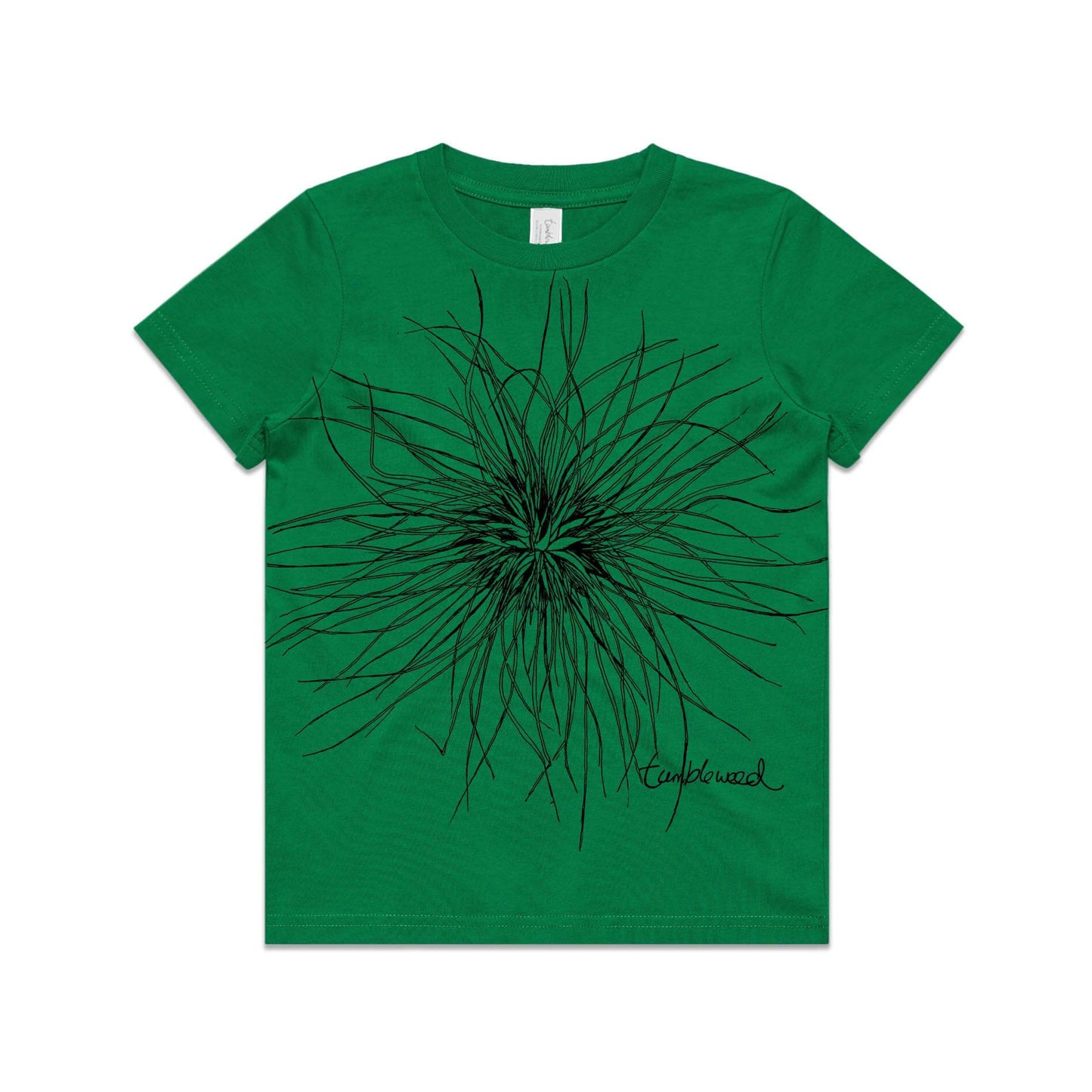 Green, cotton kids' t-shirt with screen printed Kids tumbleweed/spinifex design.