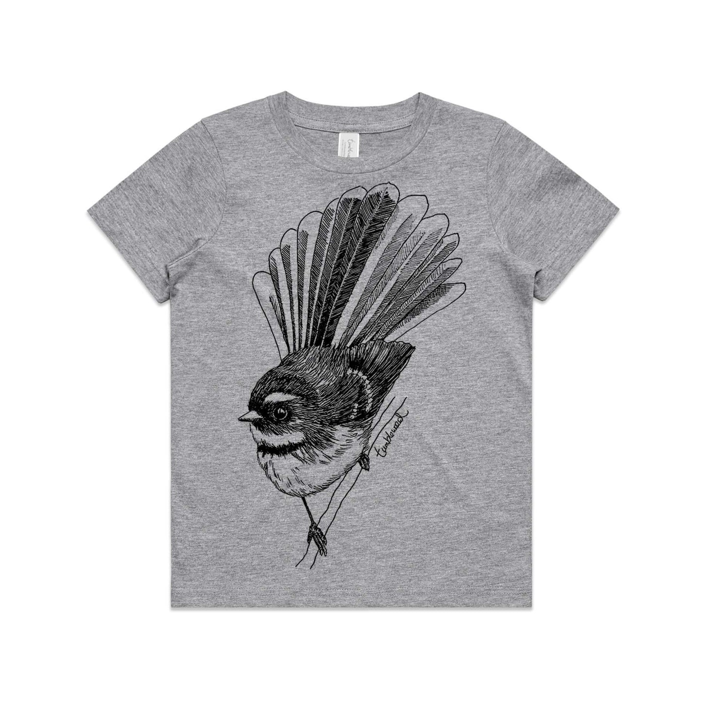 Grey marle, cotton kids' t-shirt with screen printed fantail/piwakawaka design.