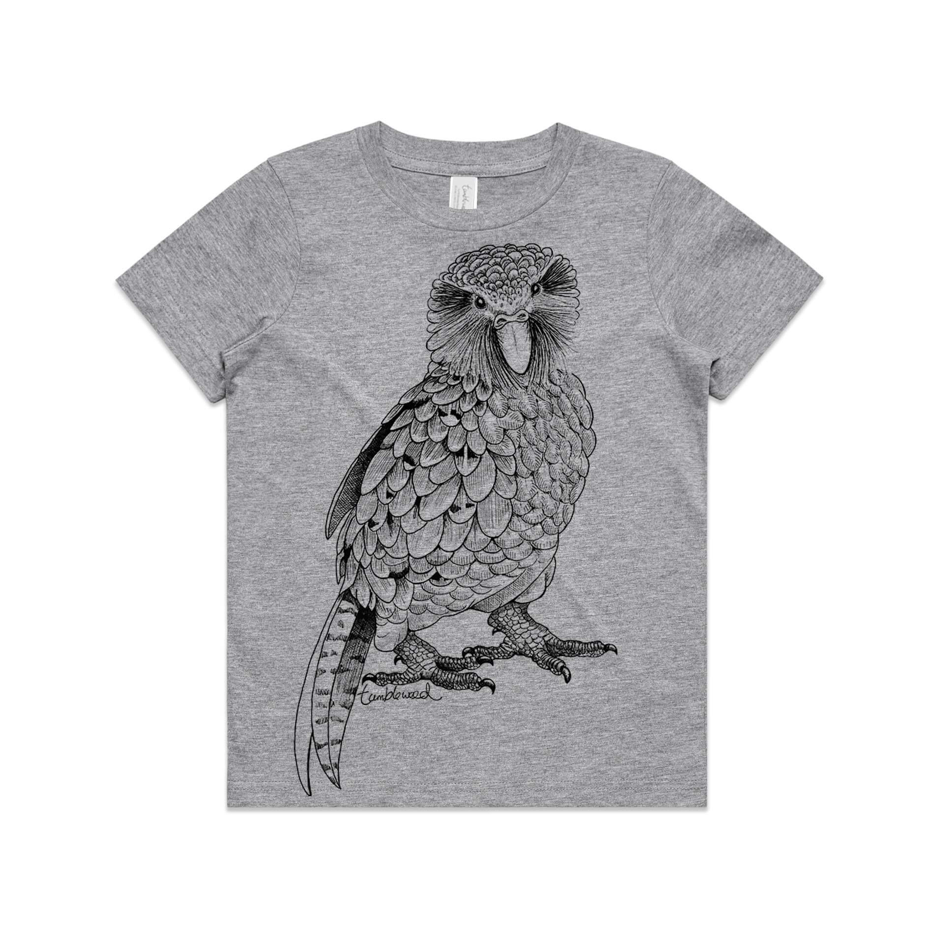 Grey marle, cotton kids' t-shirt with screen printed Kids Kākāpō design.