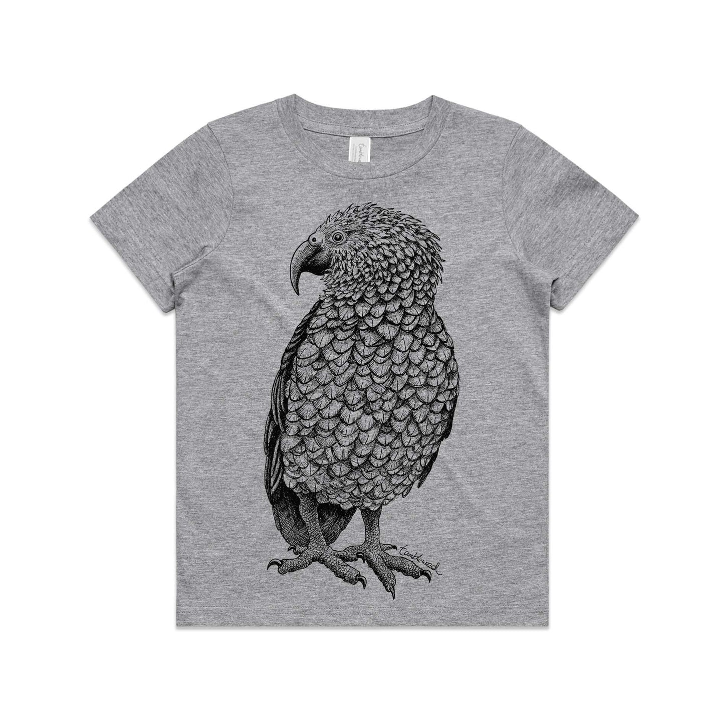 Grey marle, cotton kids' t-shirt with screen printed Kids kea design.