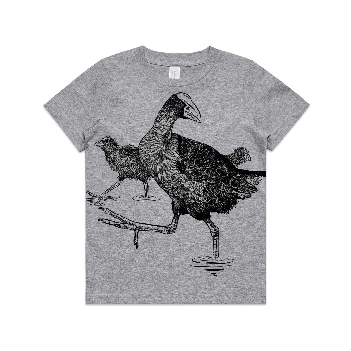 Grey marle, cotton kids' t-shirt with screen printed pūkeko design.