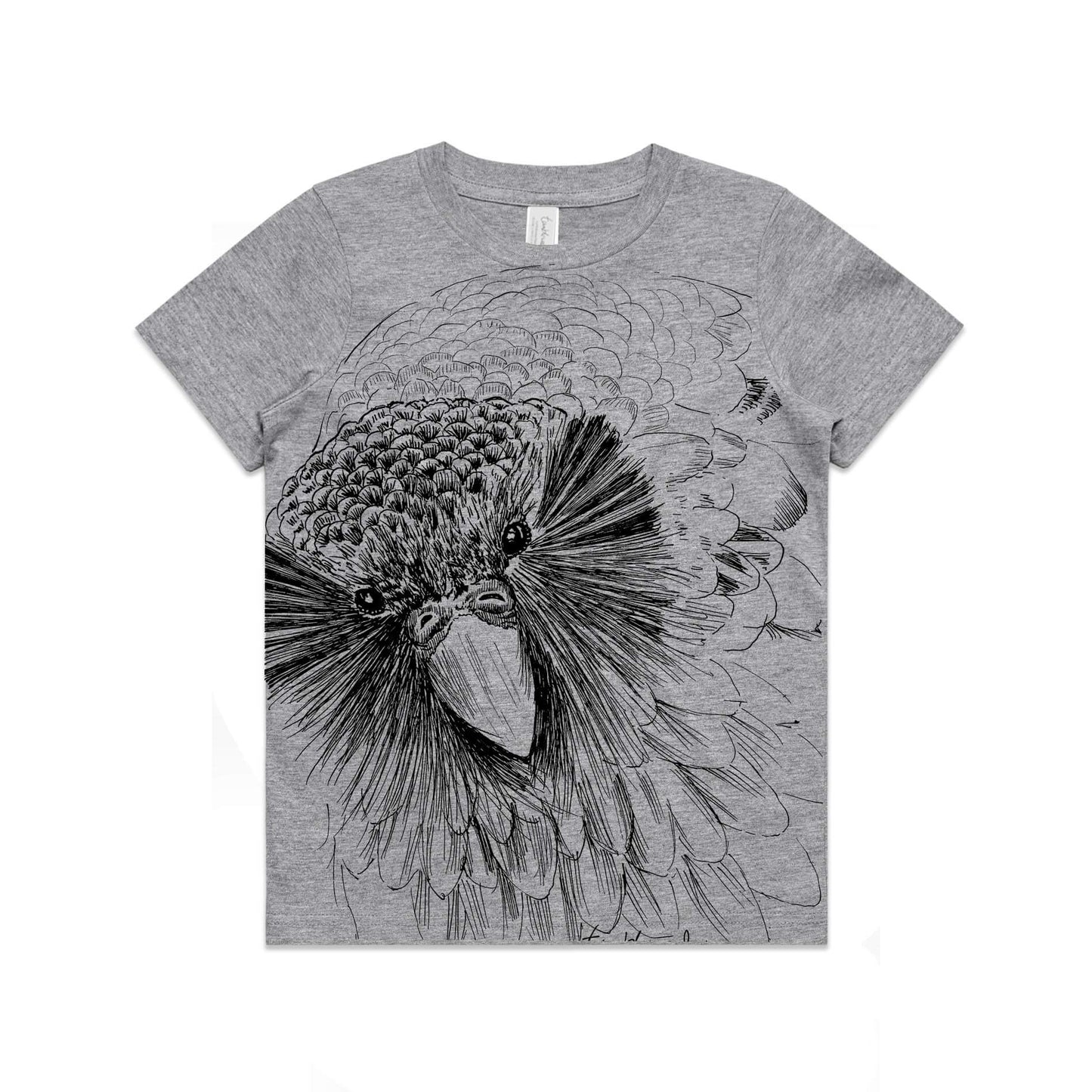 Grey marle, cotton kids' t-shirt with screen printed Sirocco the Kakapo design.
