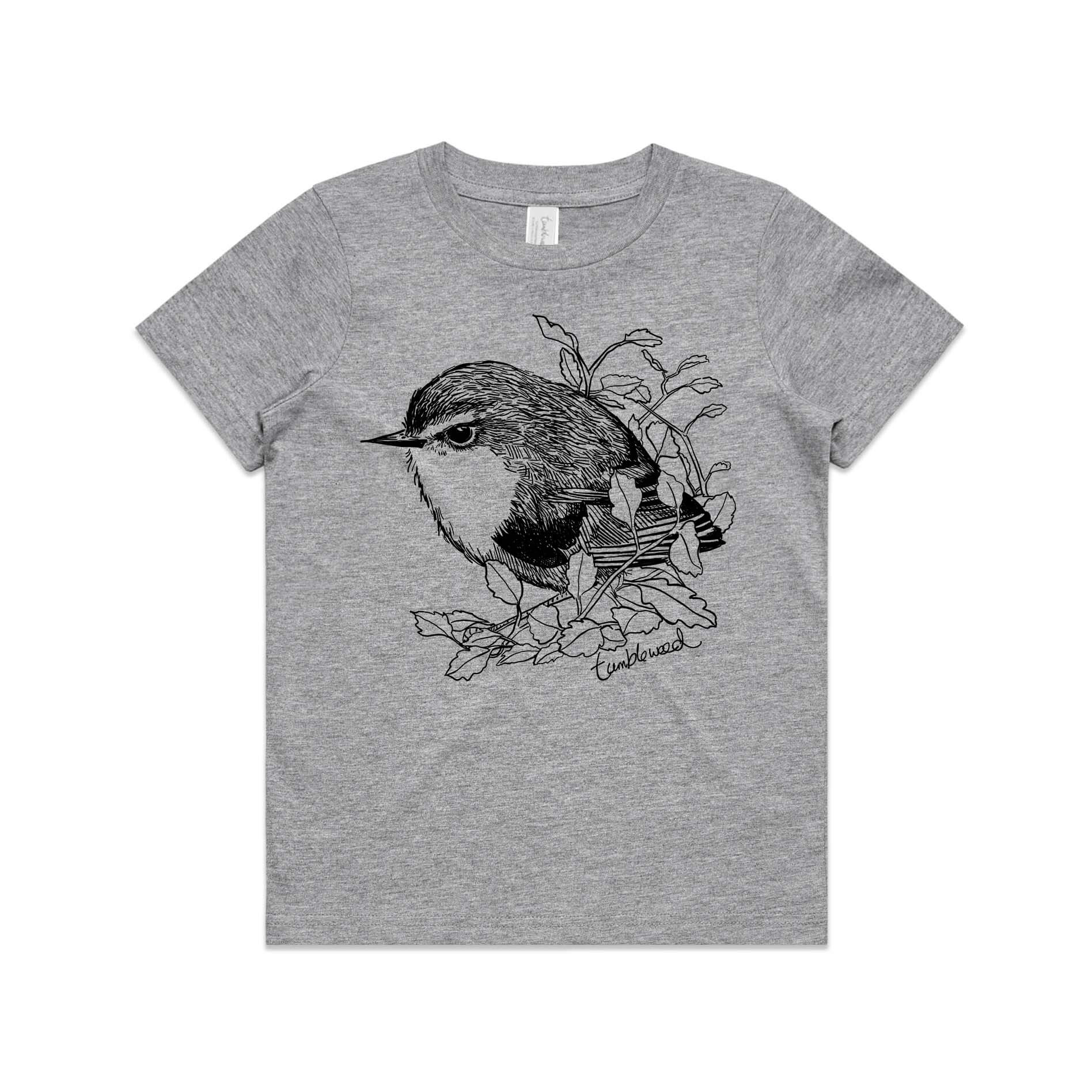 Grey marle, cotton kids' t-shirt with screen printed titipounamu/rifleman design.