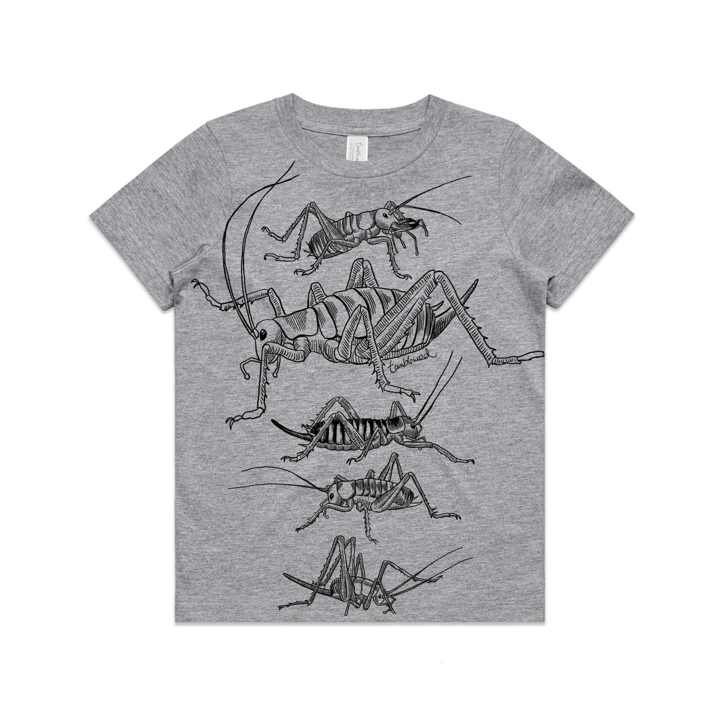 Grey marle, cotton kids' t-shirt with screen printed weta design.