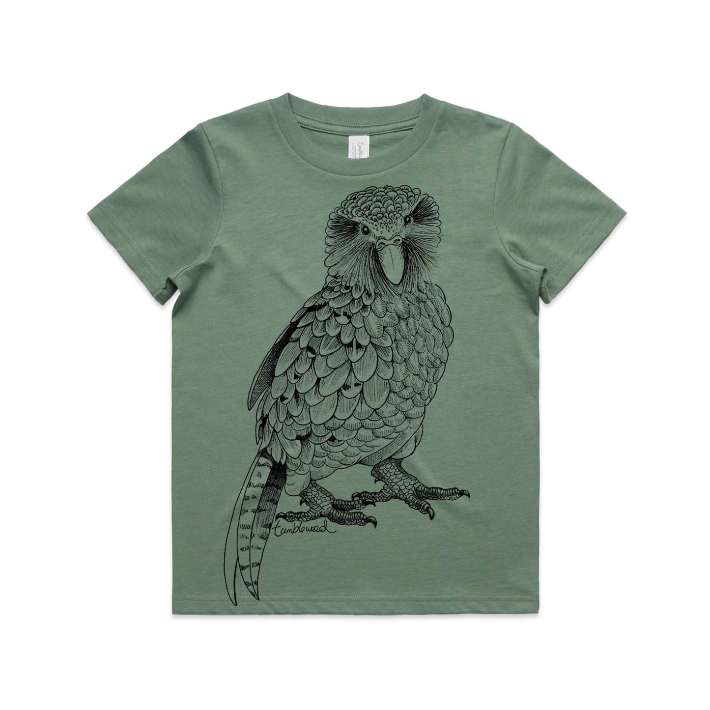 Sage, cotton kids' t-shirt with screen printed Kids Kākāpō design.