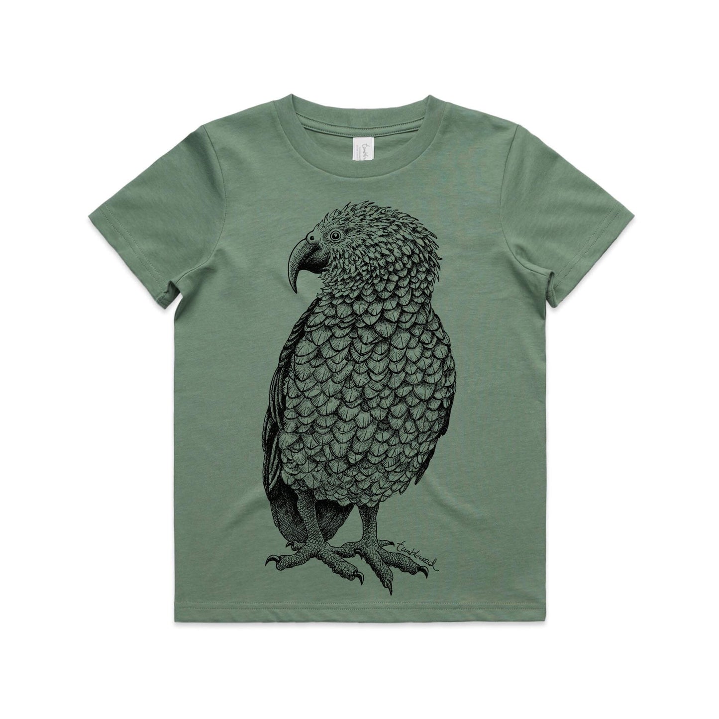 Sage, cotton kids' t-shirt with screen printed Kids kea design.