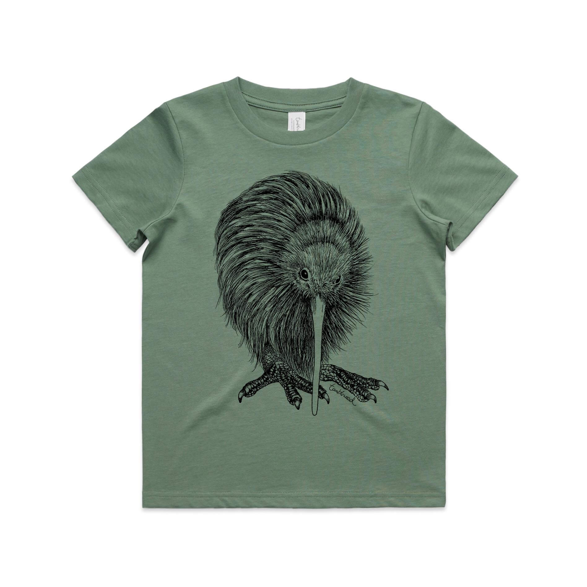 Sage, cotton kids' t-shirt with screen printed Kids Kākāpō design.