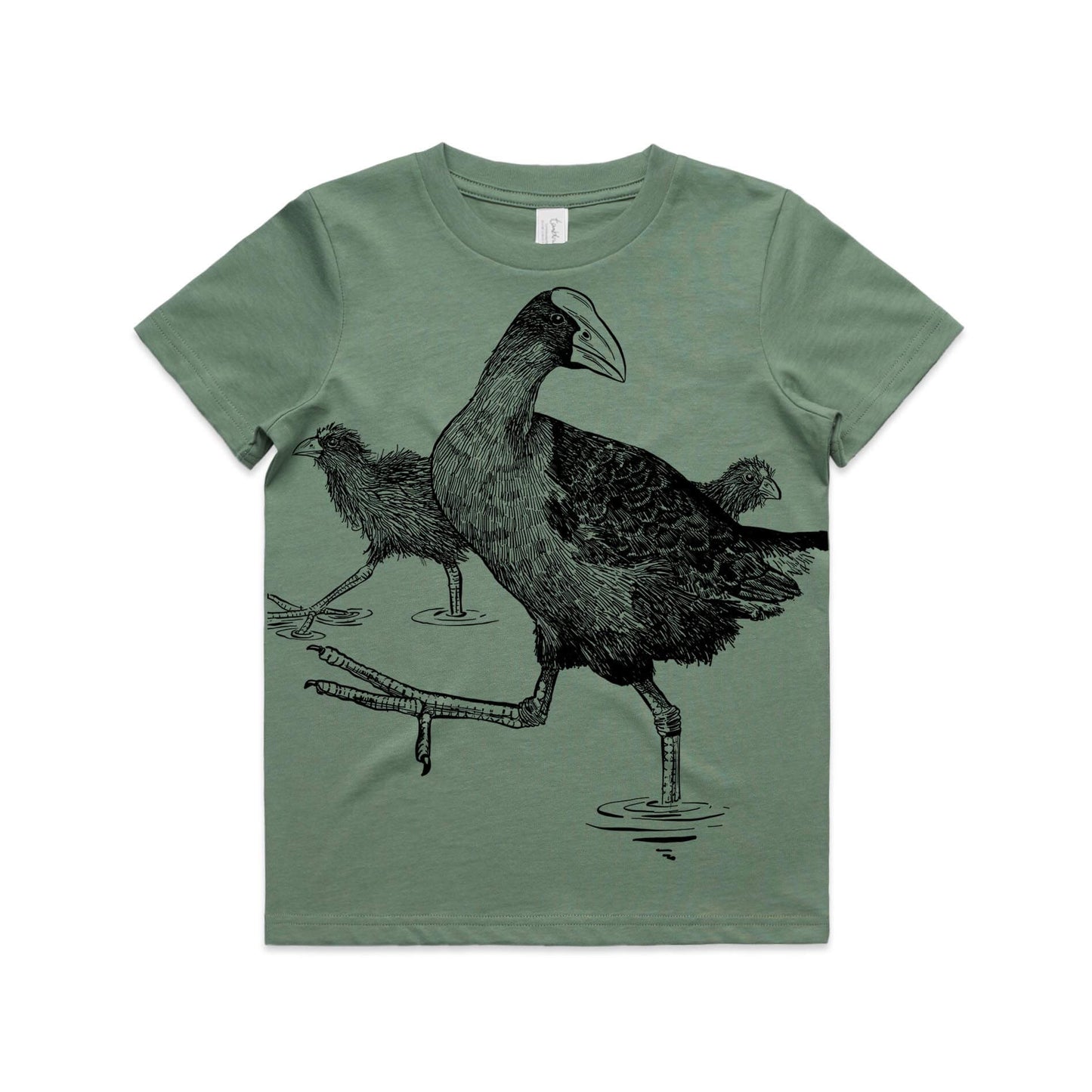 Sage, cotton kids' t-shirt with screen printed pūkeko design.