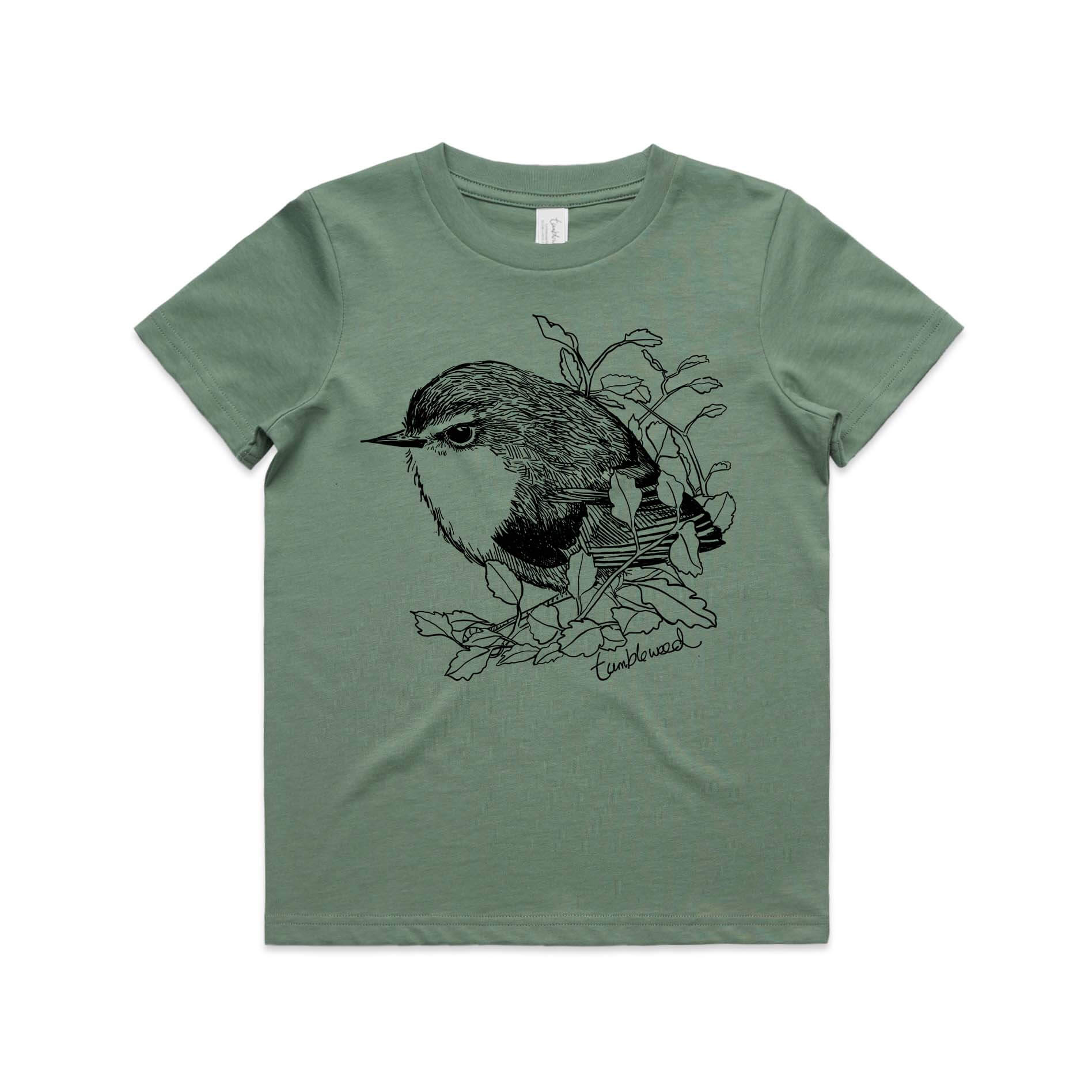 Sage, cotton kids' t-shirt with screen printed titipounamu/rifleman design.
