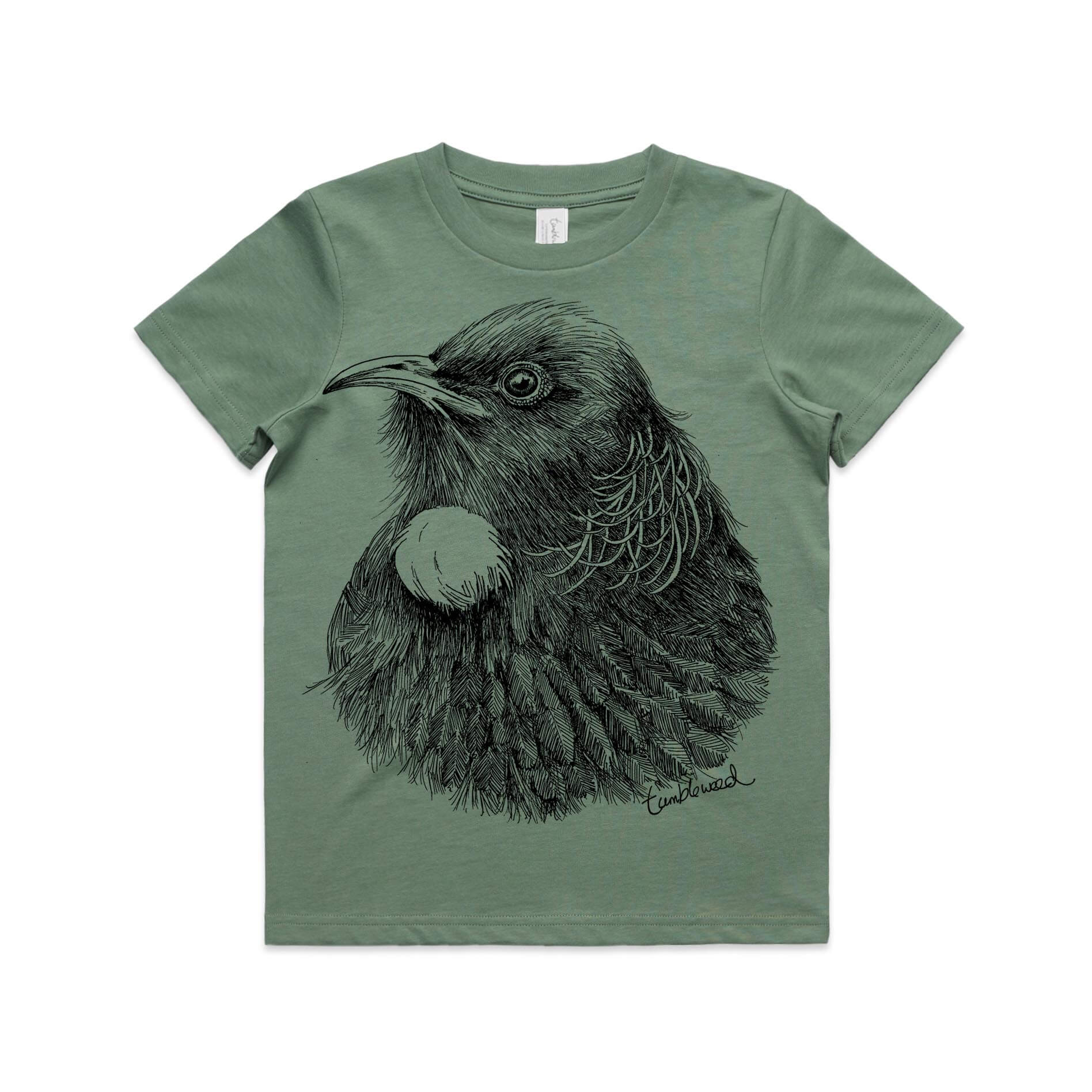 Sage, cotton kids' t-shirt with screen printed tui design.