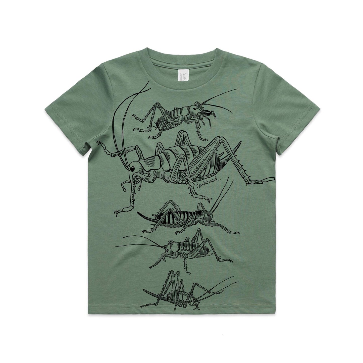 Sage, cotton kids' t-shirt with screen printed weta design.