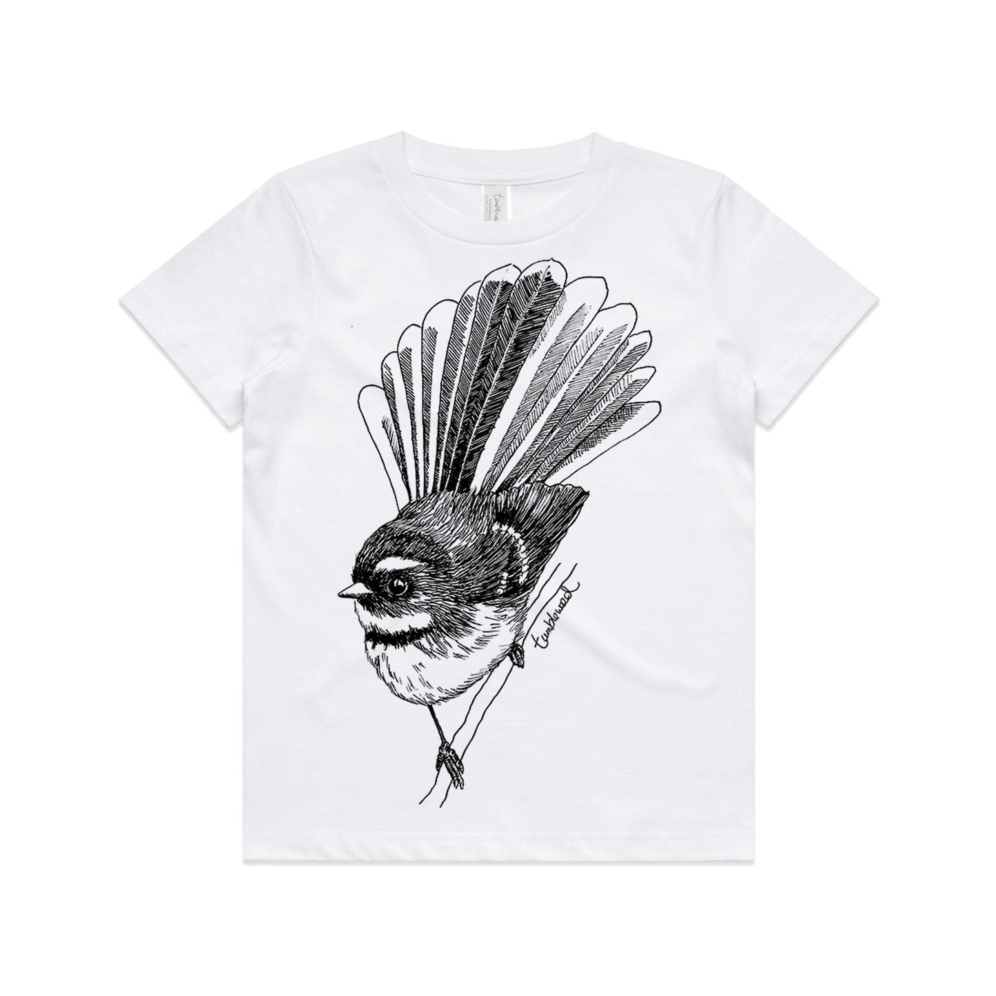 White, cotton kids' t-shirt with screen printed fantail/piwakawaka design.