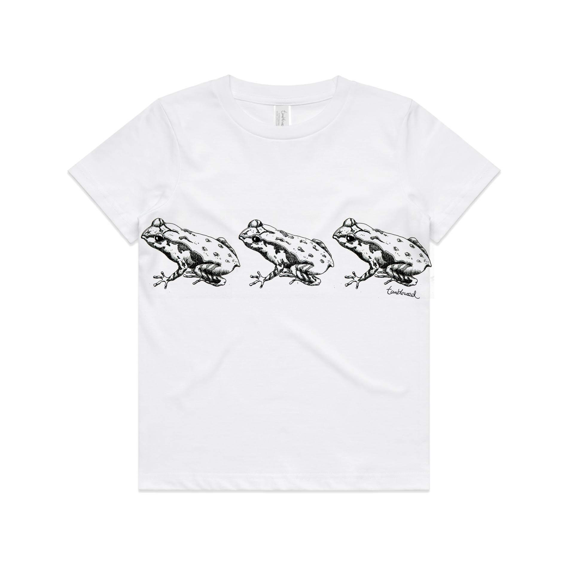 White, cotton kids' t-shirt with screen printed Kids Archey's Frog design.