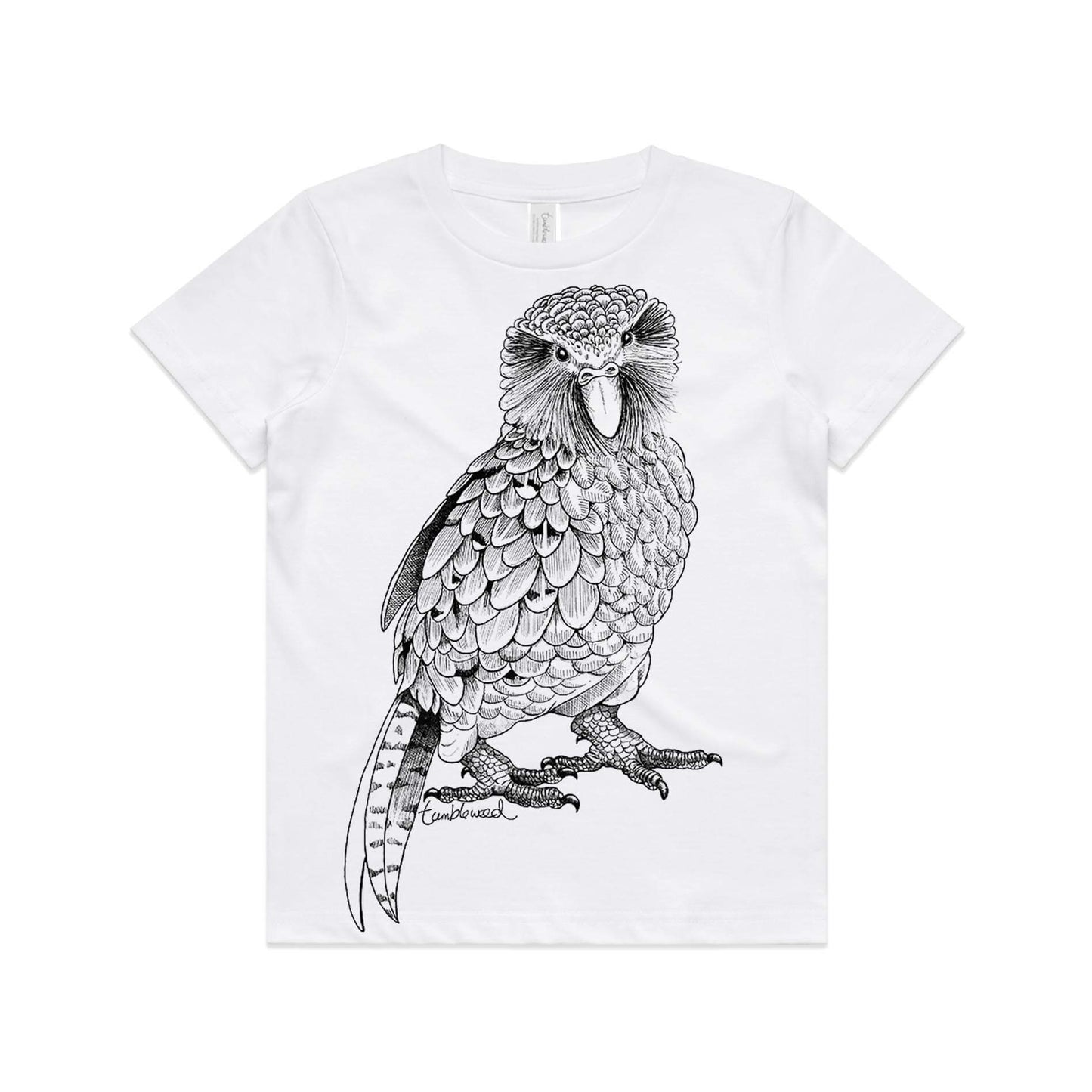 White, cotton kids' t-shirt with screen printed Kids Kākāpō design.