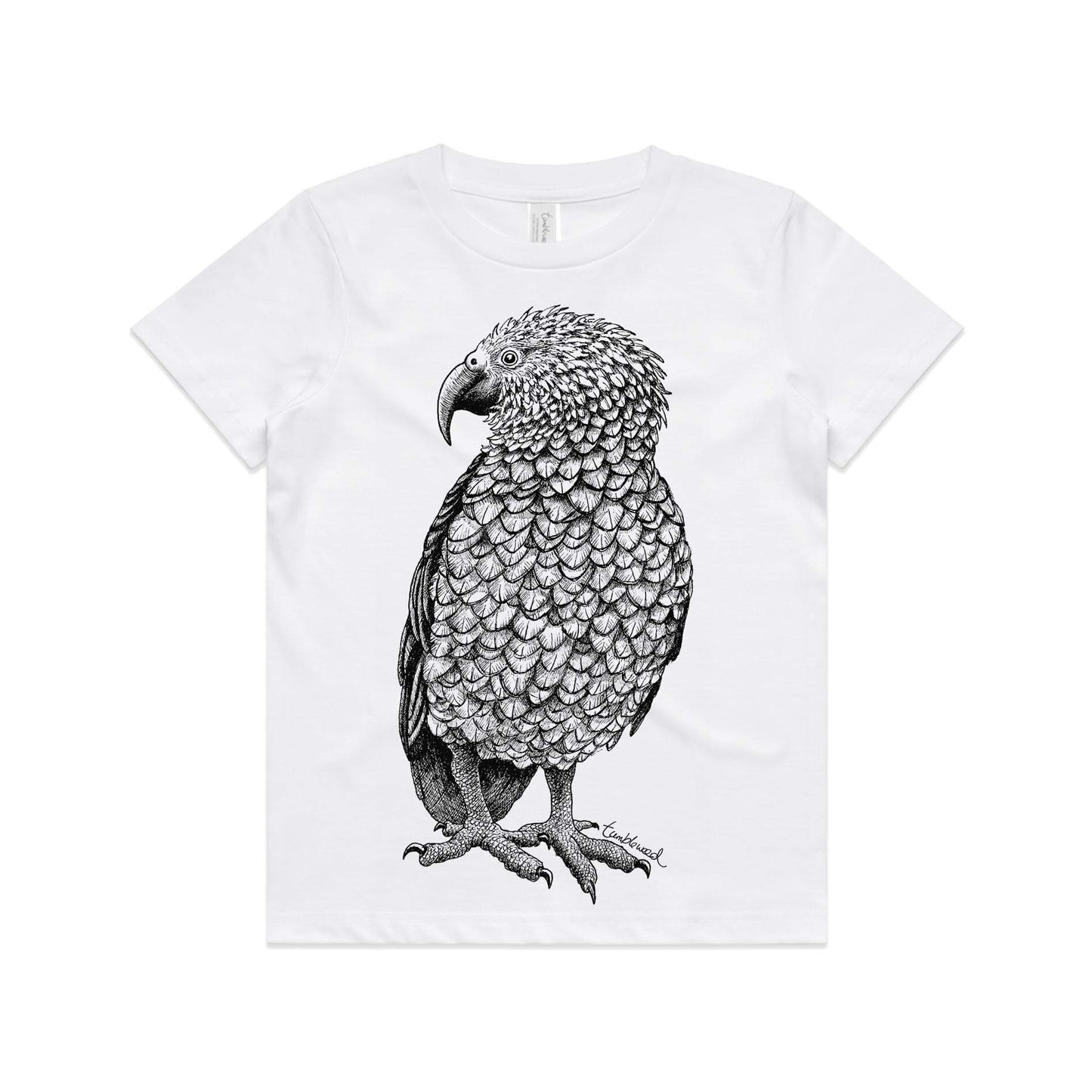 White, cotton kids' t-shirt with screen printed Kids kea design.